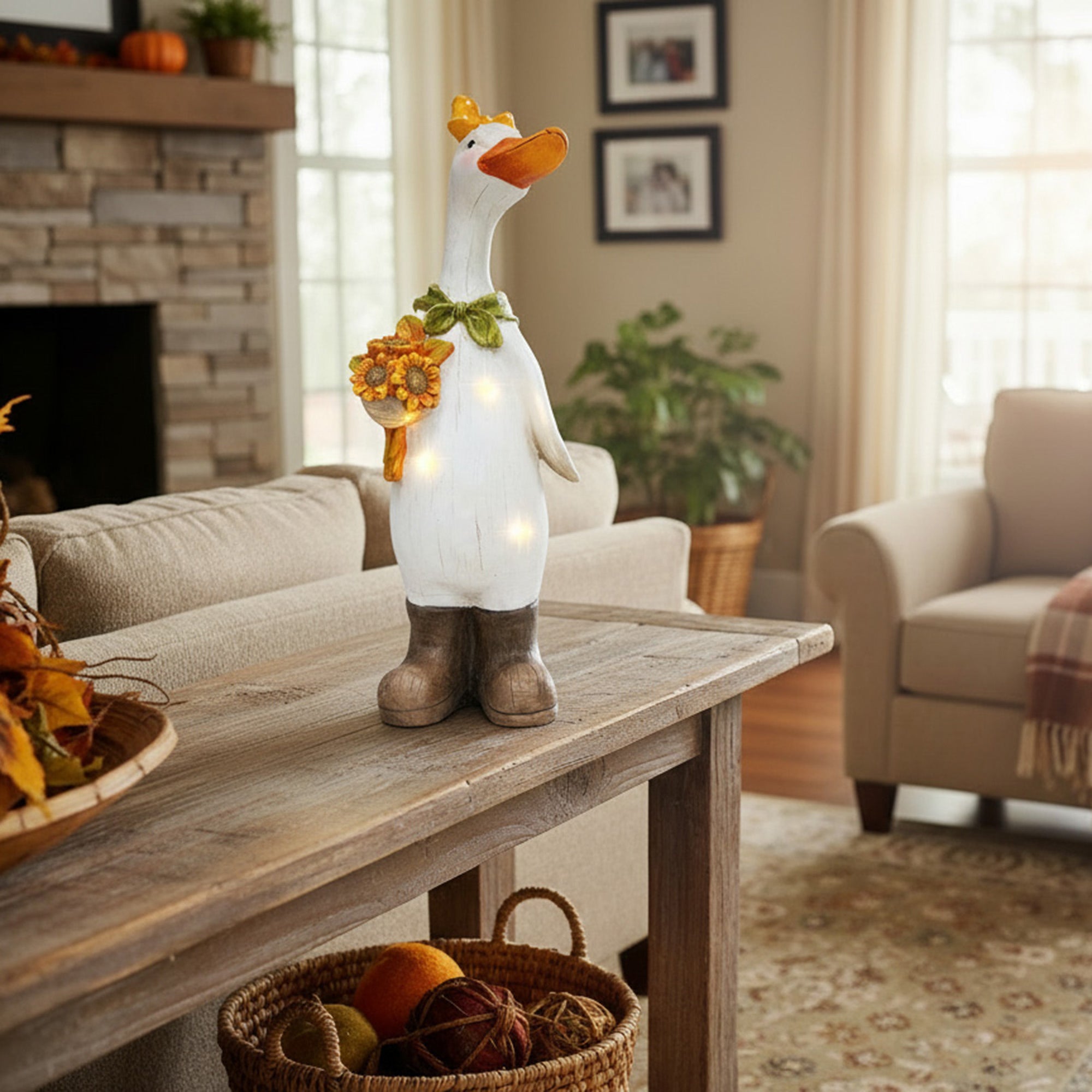 LED Magnesia Farmer Goose Holding Sunflower, Holiday Decor