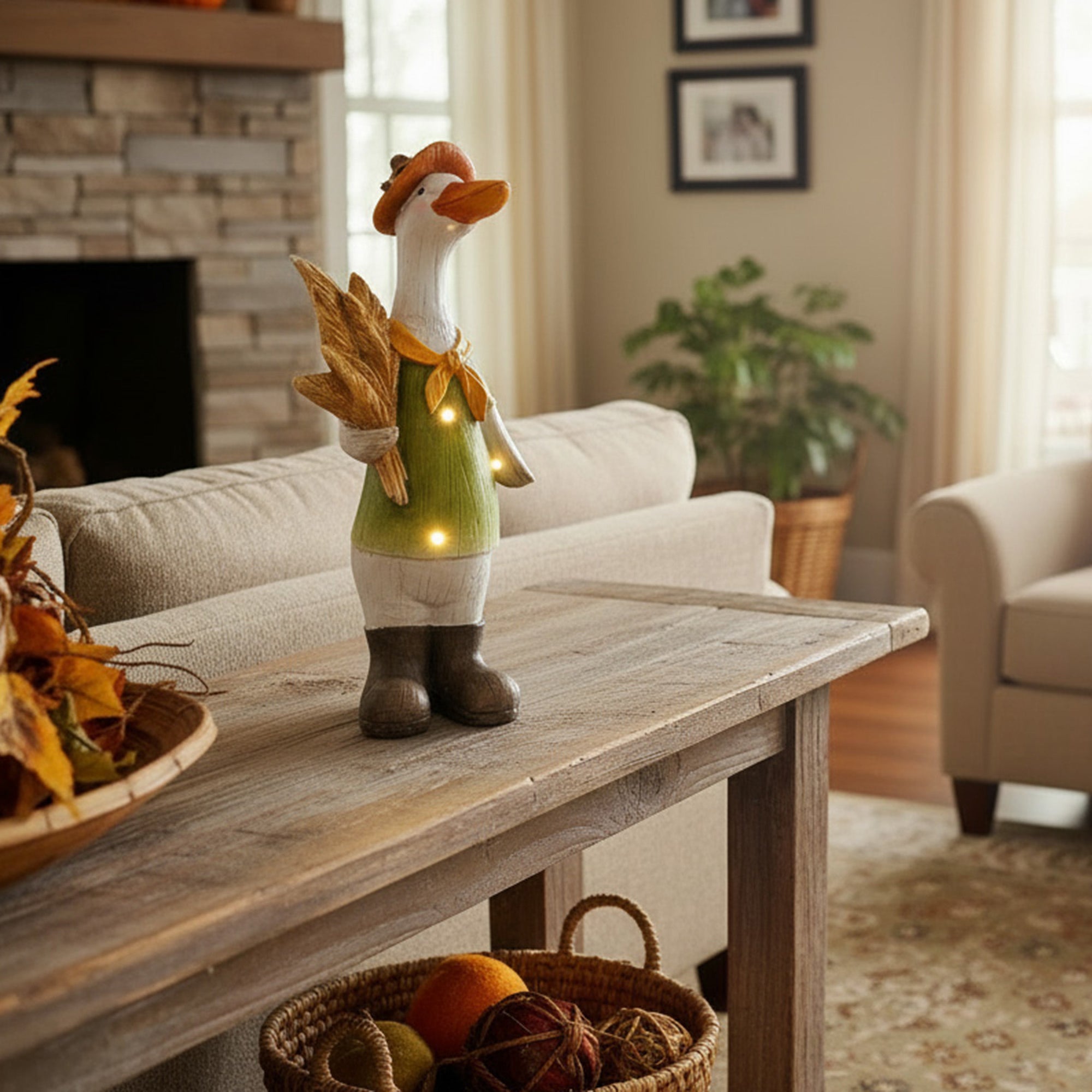 LED Magnesia Farmer Goose Holding Wheat Bundle, Holiday Decor