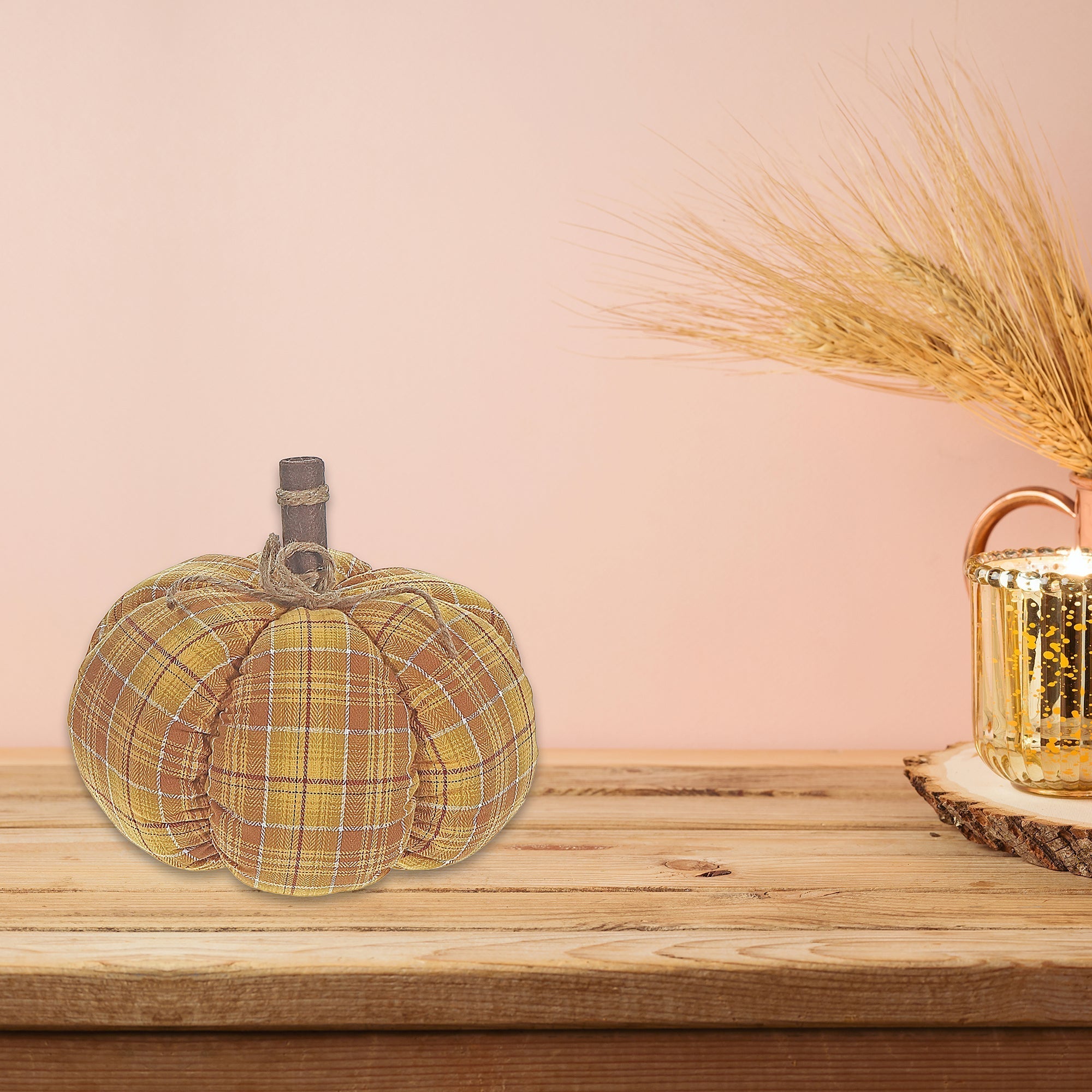 Yellow Plaid Fabric Pumpkin – Fall/Autumn Tabletop Decoration, Rustic Seasonal Accent, Thanksgiving Home Decor