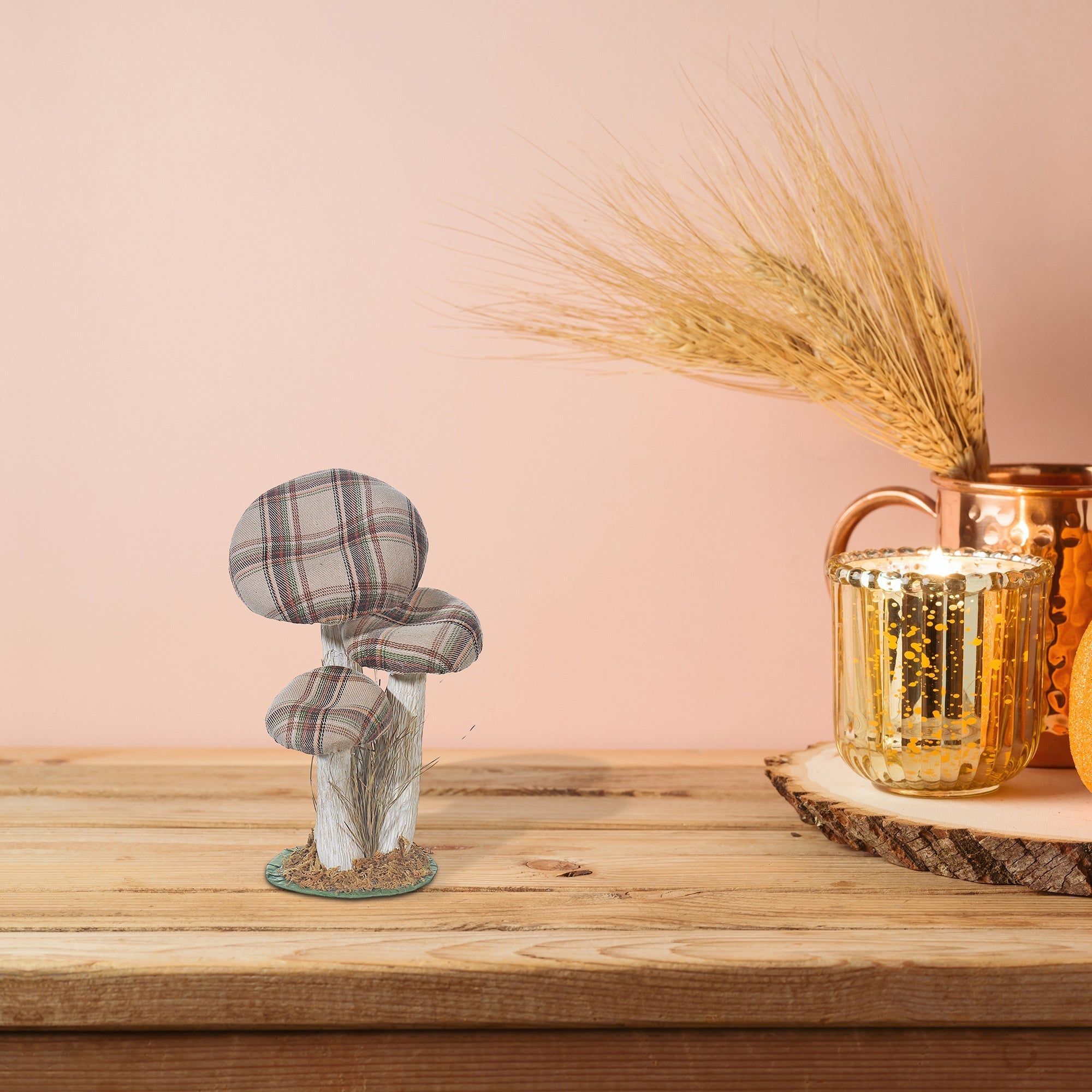 Plaid Mushroom Tabletop Decoration – Fall & Halloween Decor, Seasonal Home Accent