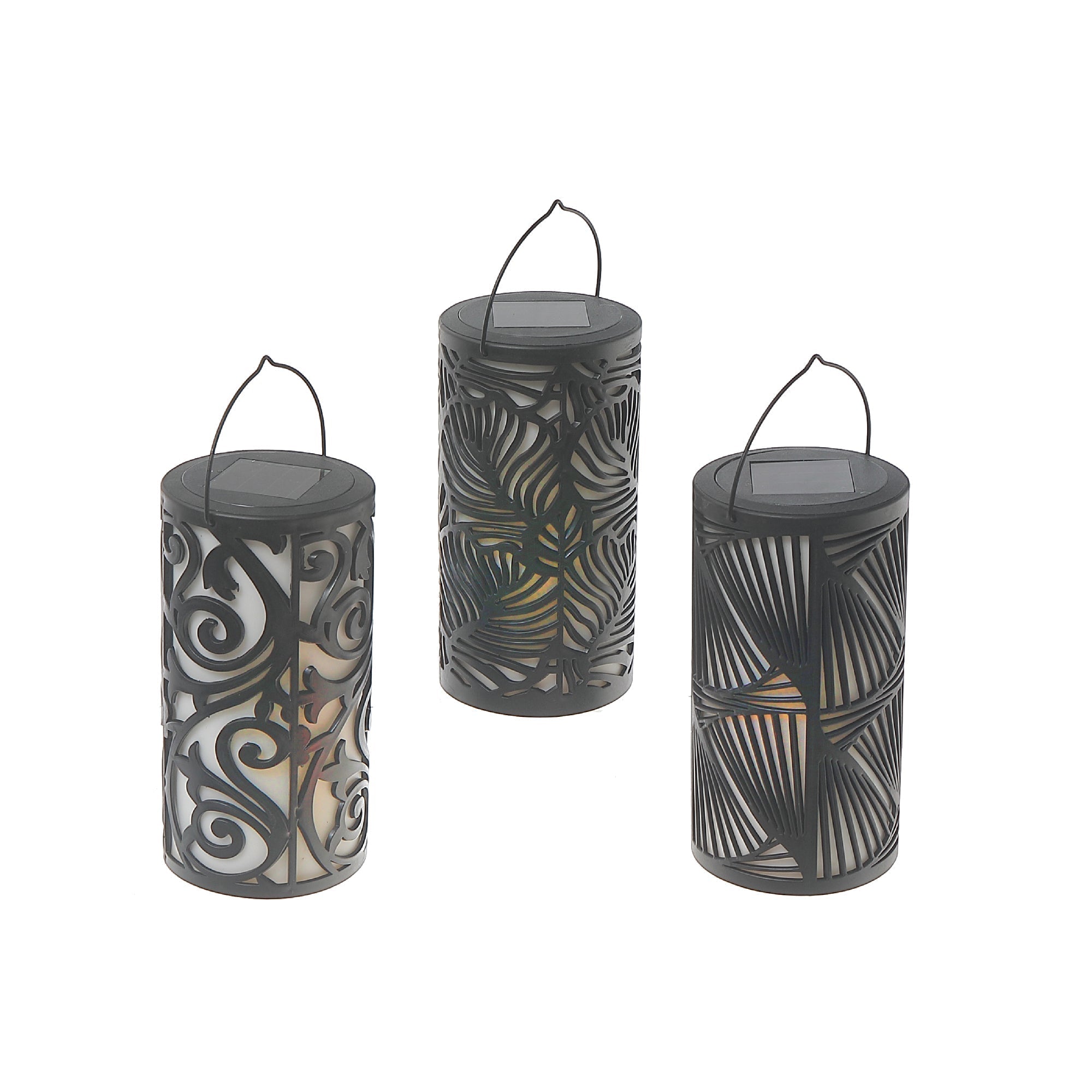 LED Solar Black Cylinder Lantern With Design, Outdoor Garden Lighting