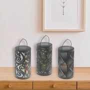 LED Solar Black Cylinder Lantern With Design, Outdoor Garden Lighting