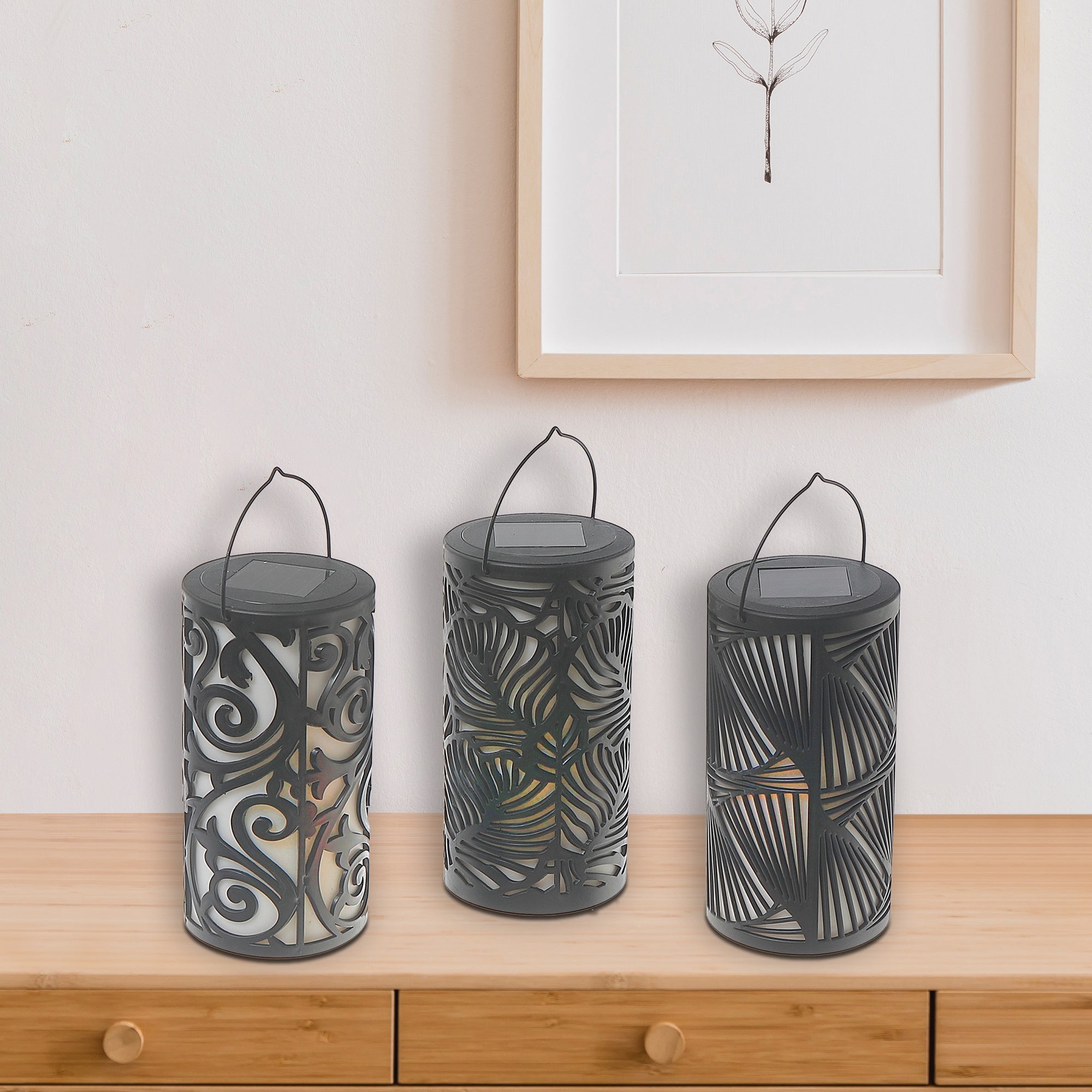 LED Solar Black Cylinder Lantern With Design, Outdoor Garden Lighting