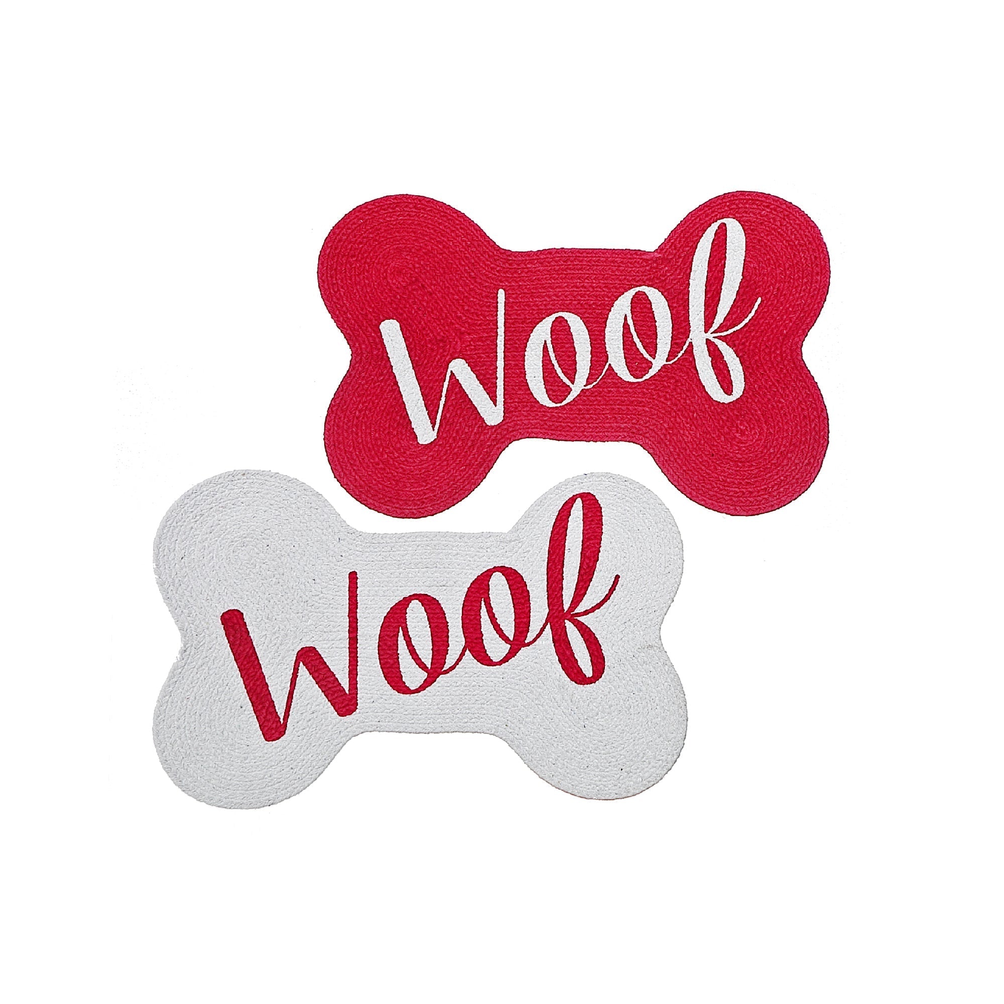 Braided Cotton Bone Shape Pet Mat Woof Design - Set of 2 Pet Feeding Mats