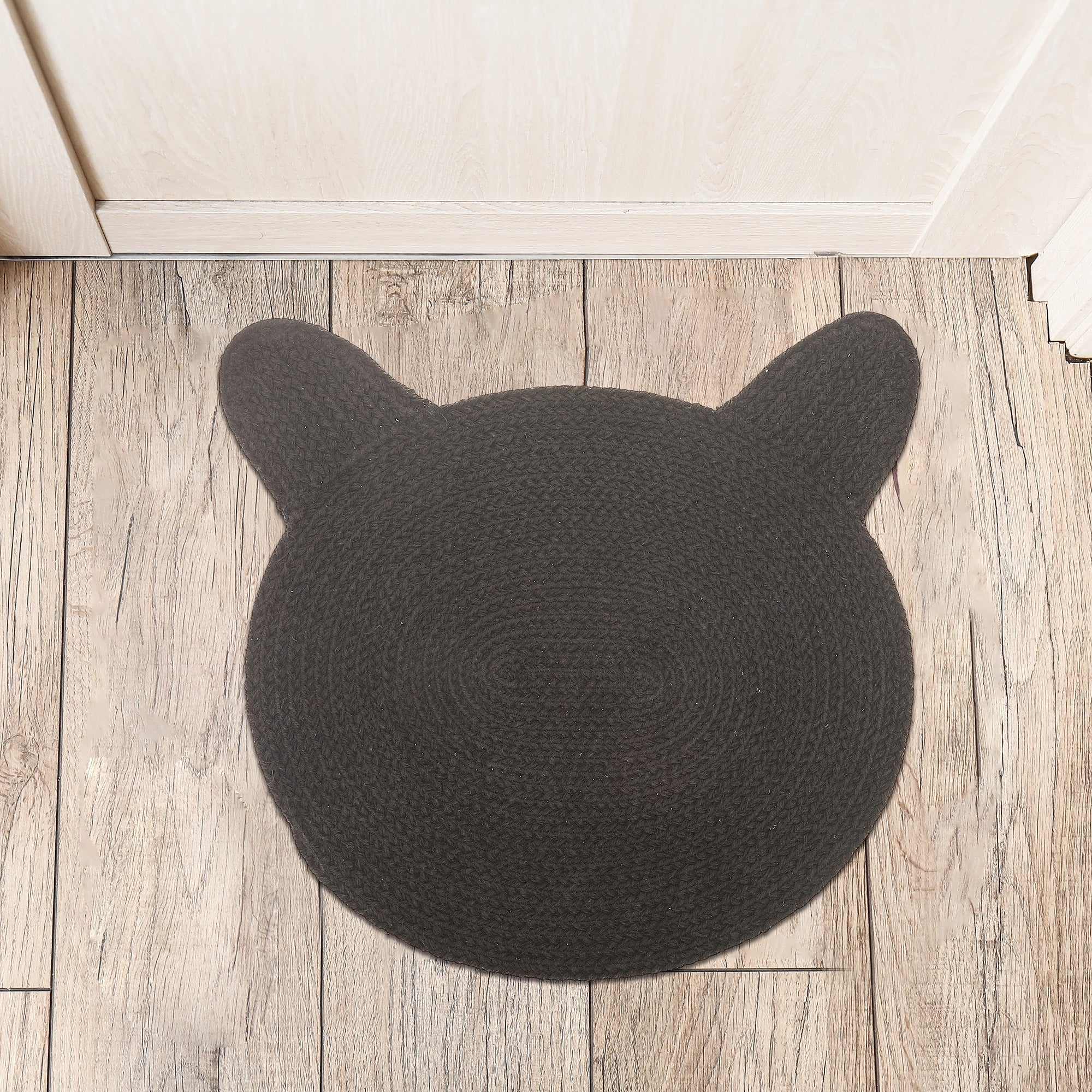 Braided Cotton Cat Shape Mat Black 16 X 16 Inch, Indoor Cat Mat, Pet Friendly Floor Decor