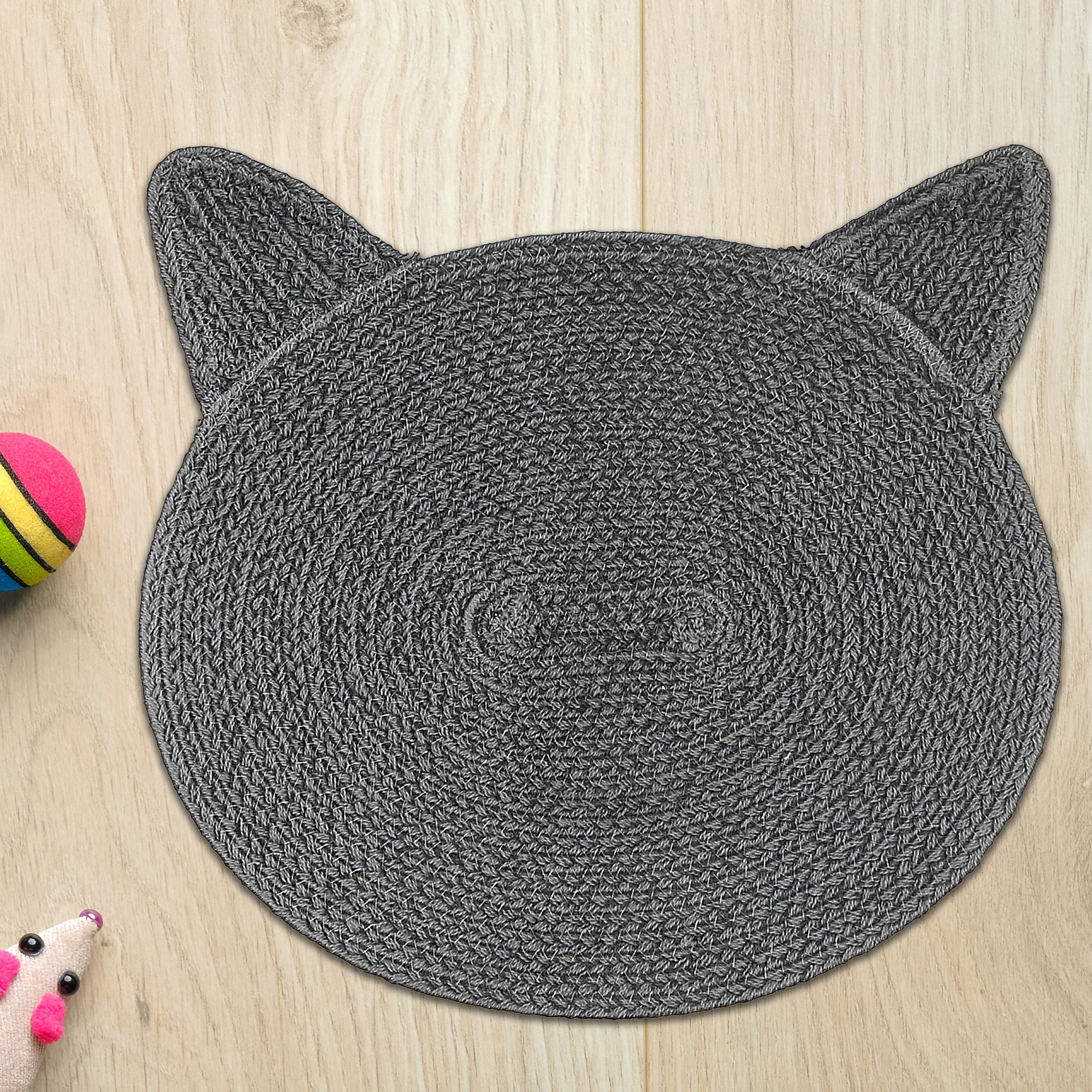 Braided Cotton Cat Shape Mat Charcoal Gray, Decorative Floor Rug, Pet Lover Home Decor