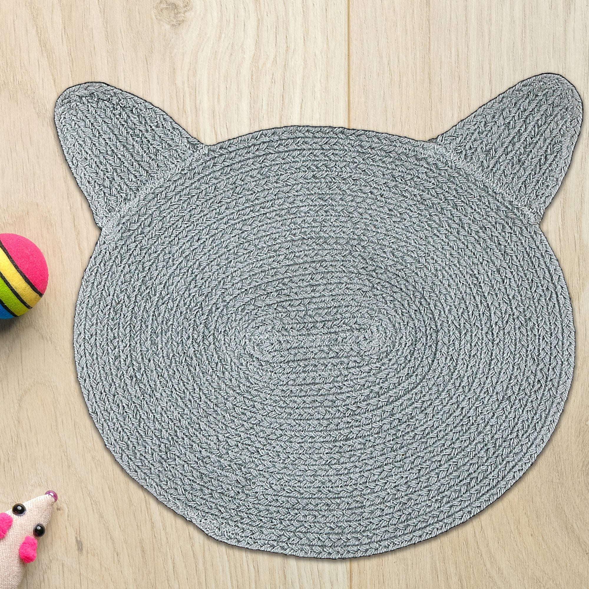 Braided Cotton Cat Shape Mat Light Gray, Decorative Floor Rug, Pet Lover Home Decor