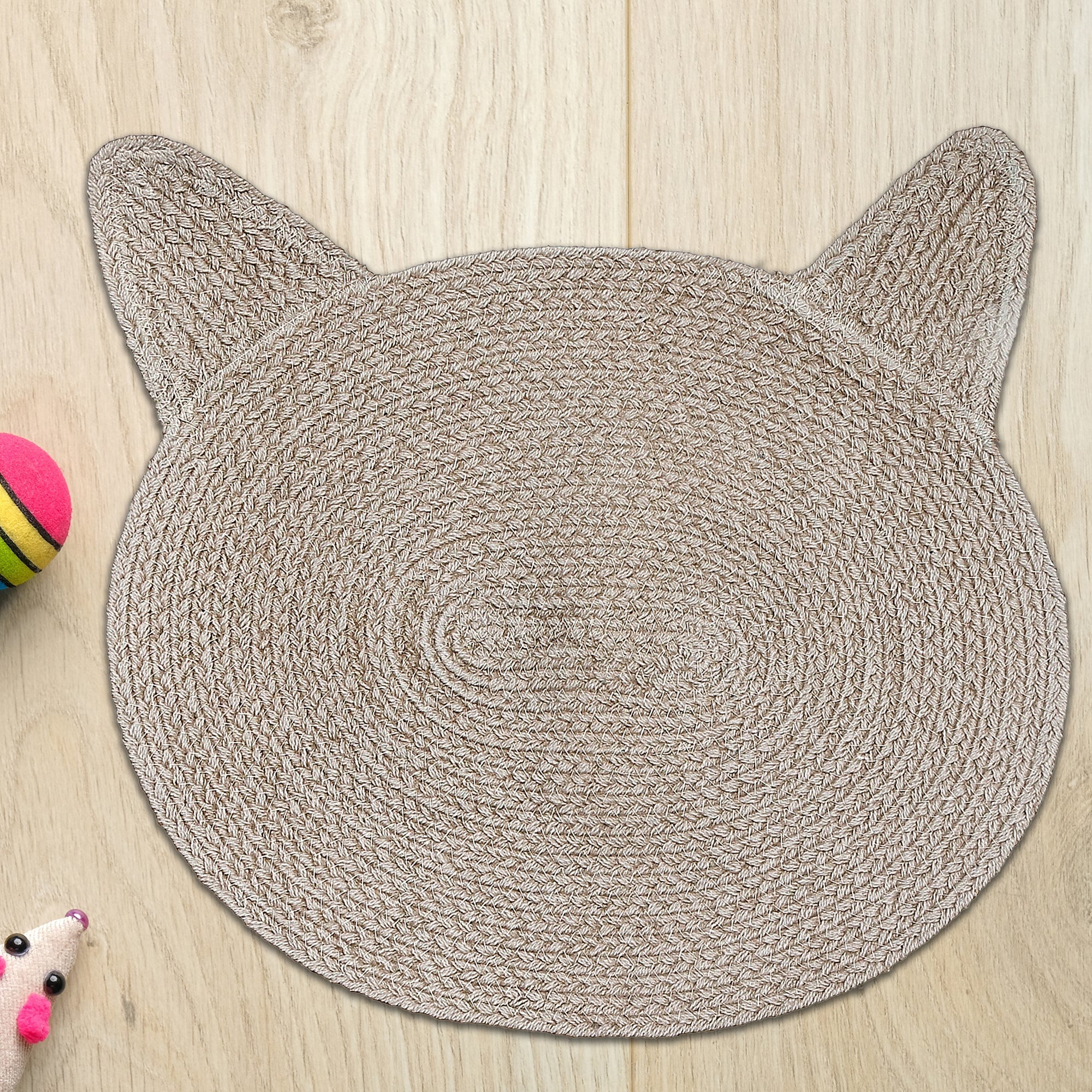 Braided Cotton Cat Shape Mat Taupe, Decorative Floor Rug, Pet Lover Home Decor