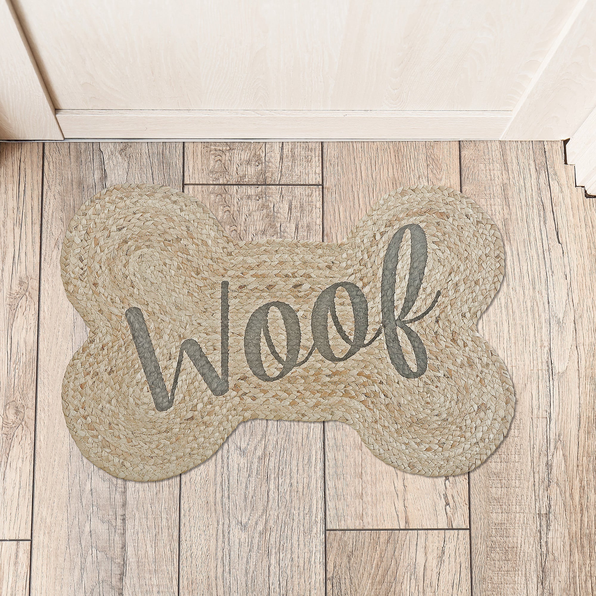Braided Jute Bone Shape Pet Mat Woof 15 X 23 Inch, Indoor Dog Floor Mat, Pet Friendly Rug