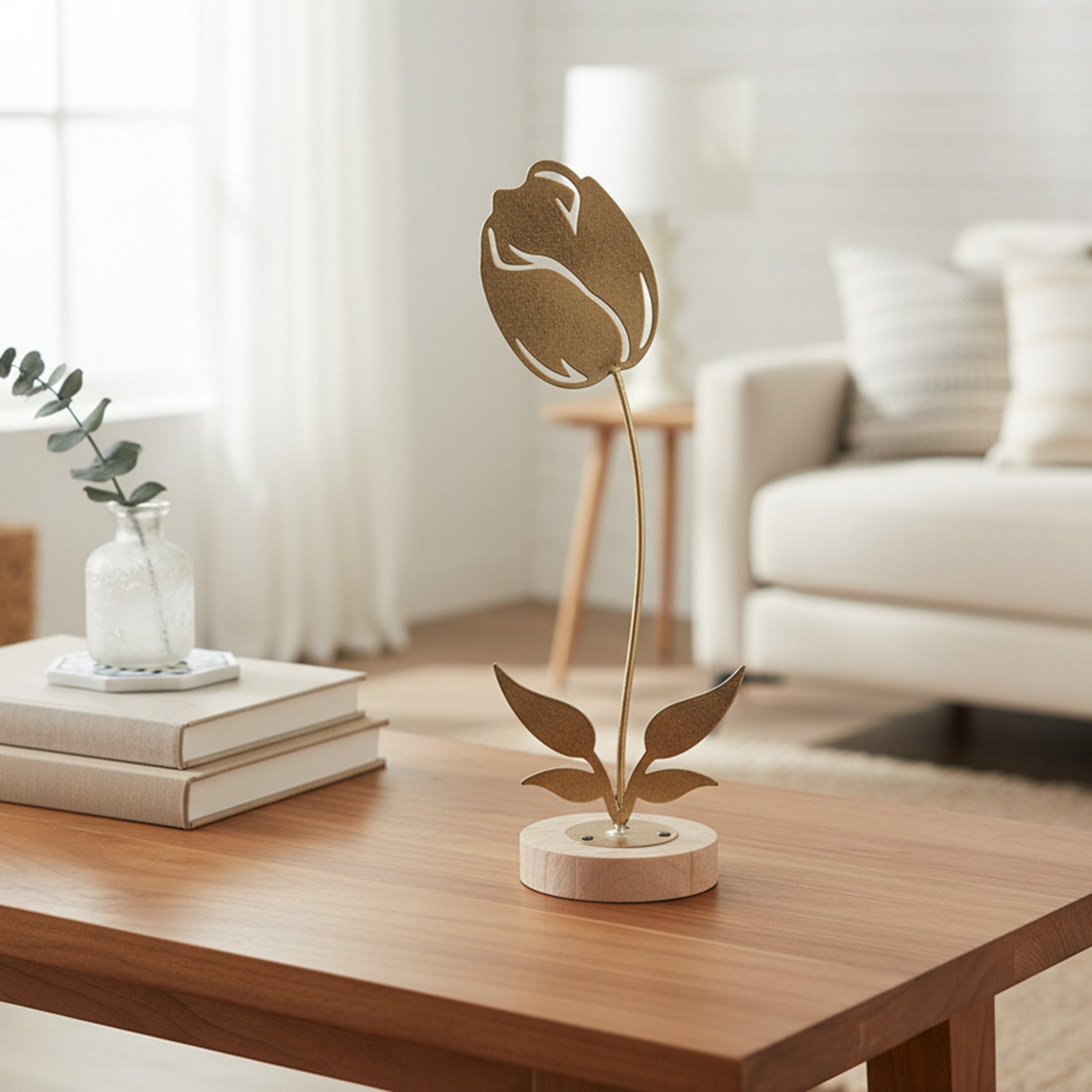 Gold Metal Tulip Flower Décor on Wooden Base