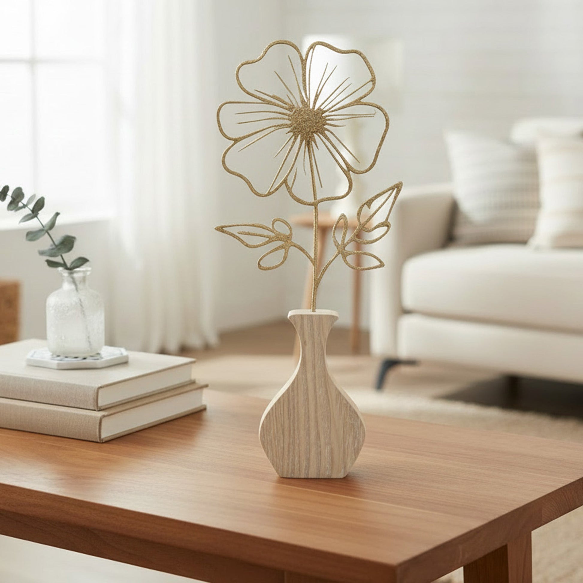 Gold Metal Hibiscus Flower Décor on Wooden Base