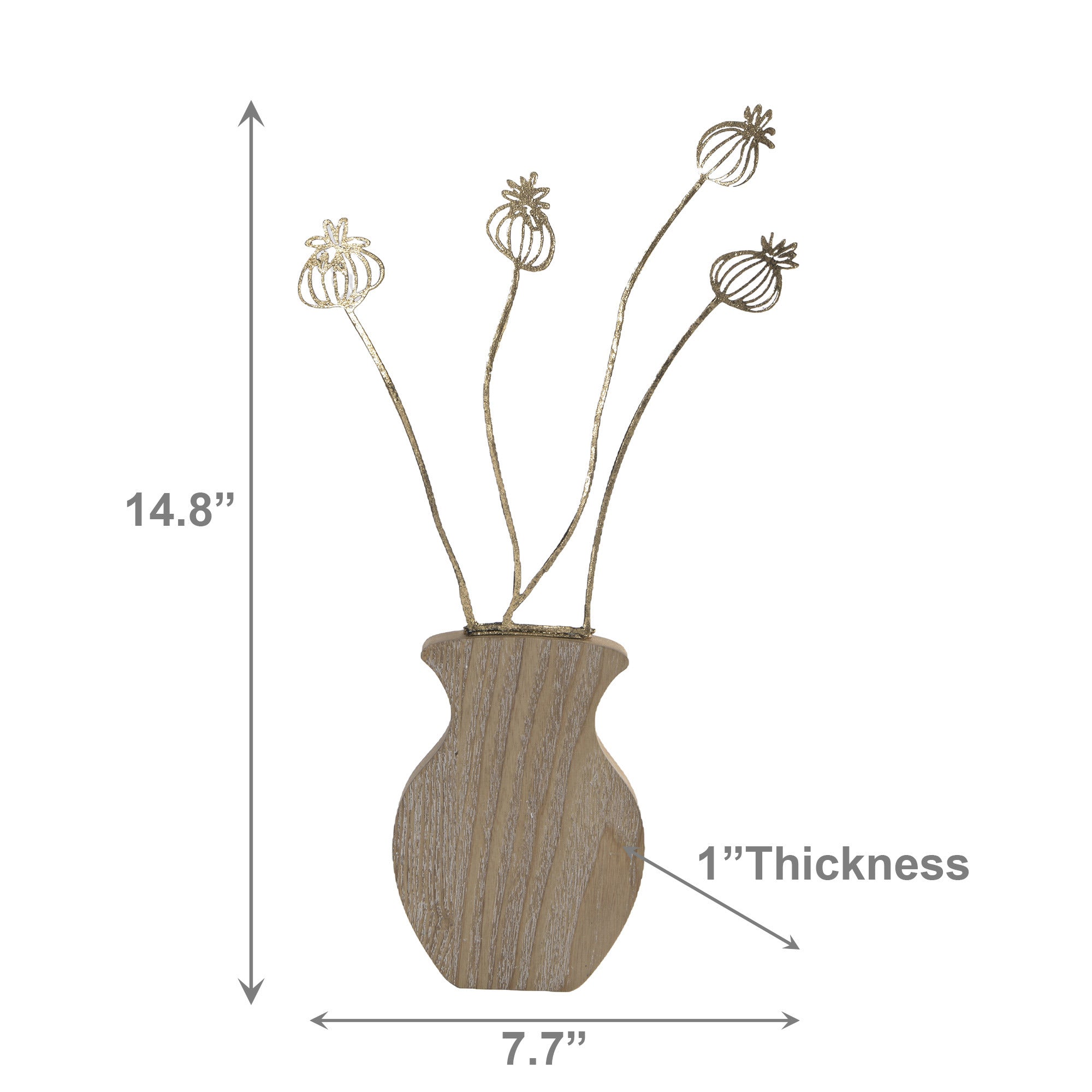 Gold Metal Poppy Seed Head Bouquet Décor on Wood Base