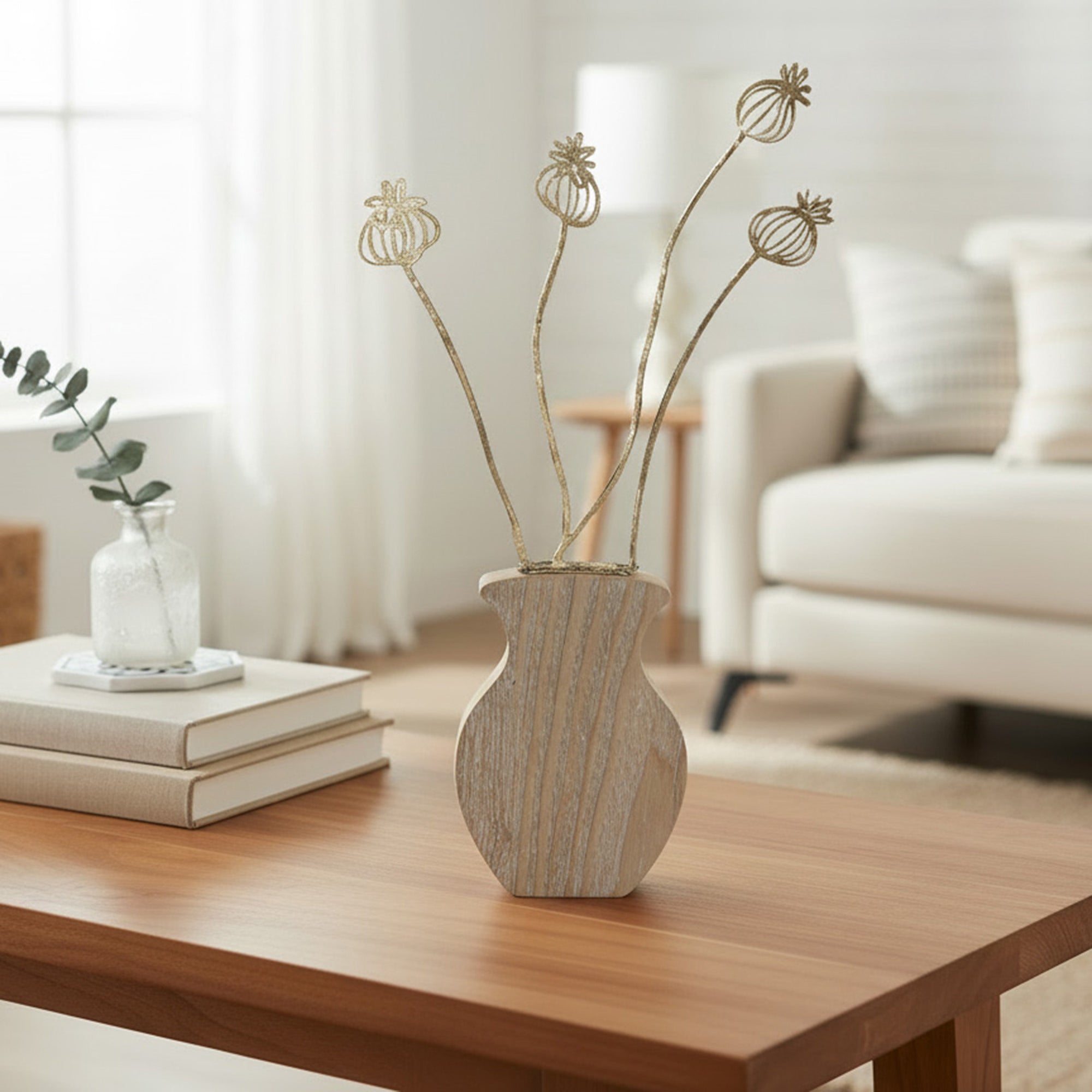 Gold Metal Poppy Seed Head Bouquet Décor on Wood Base