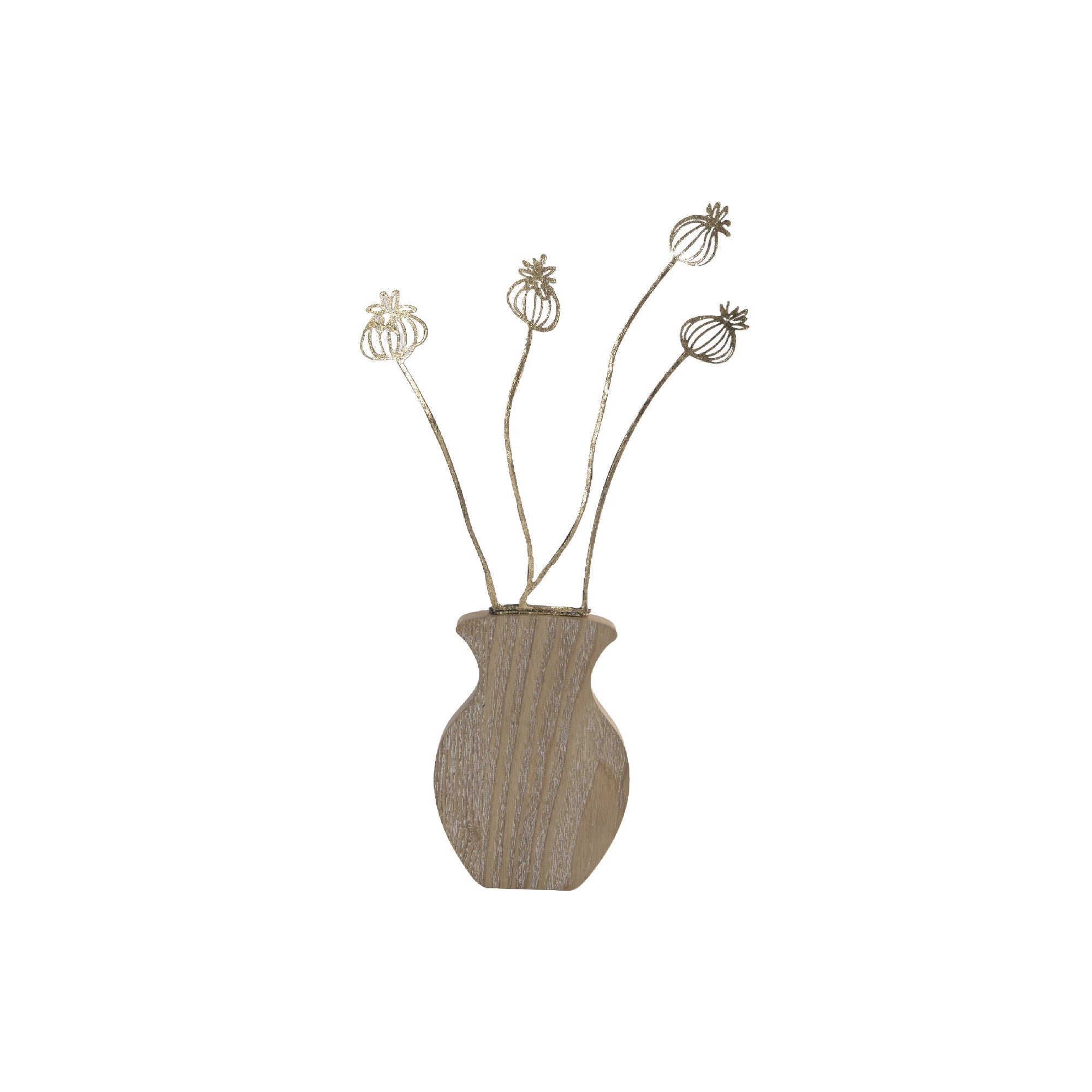 Gold Metal Poppy Seed Head Bouquet Décor on Wood Base