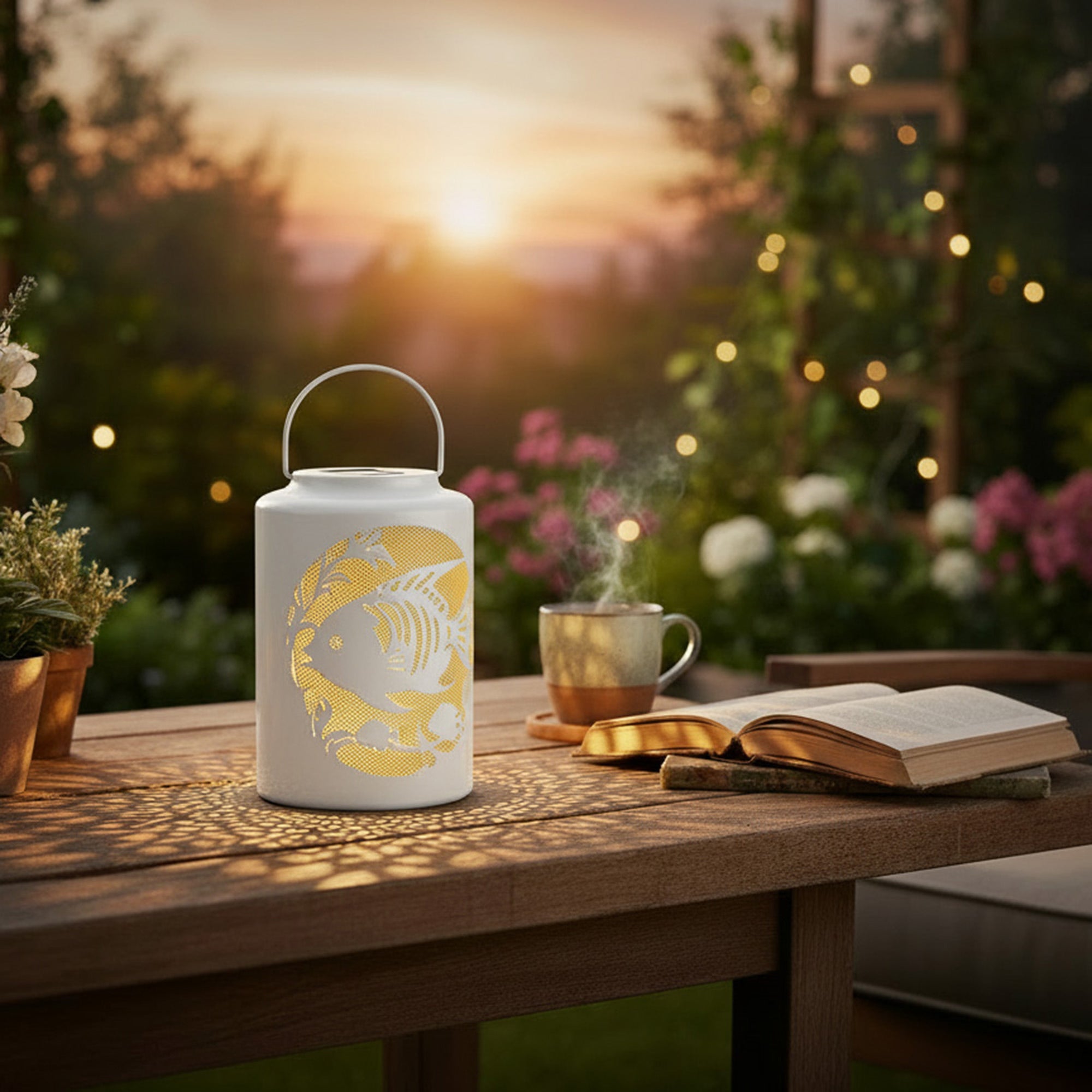 White Metal Solar Hanging Lantern with Fish Cutout