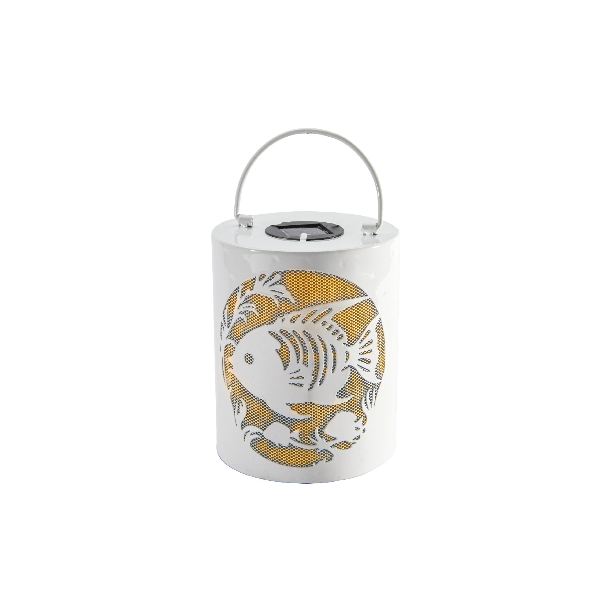 White Metal Solar Hanging Lantern with Fish Cutout