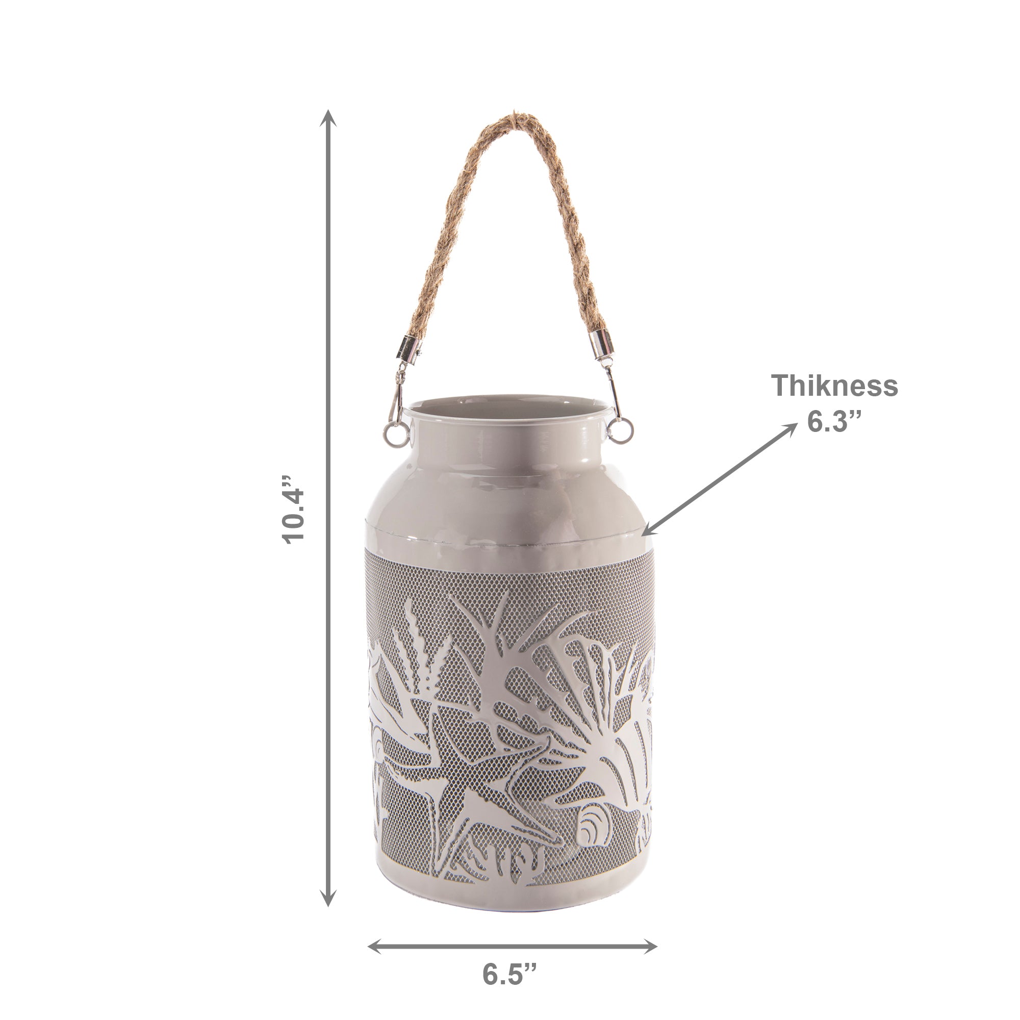 Gray Metal Lantern with Rope Handle Featuring Undersea Design