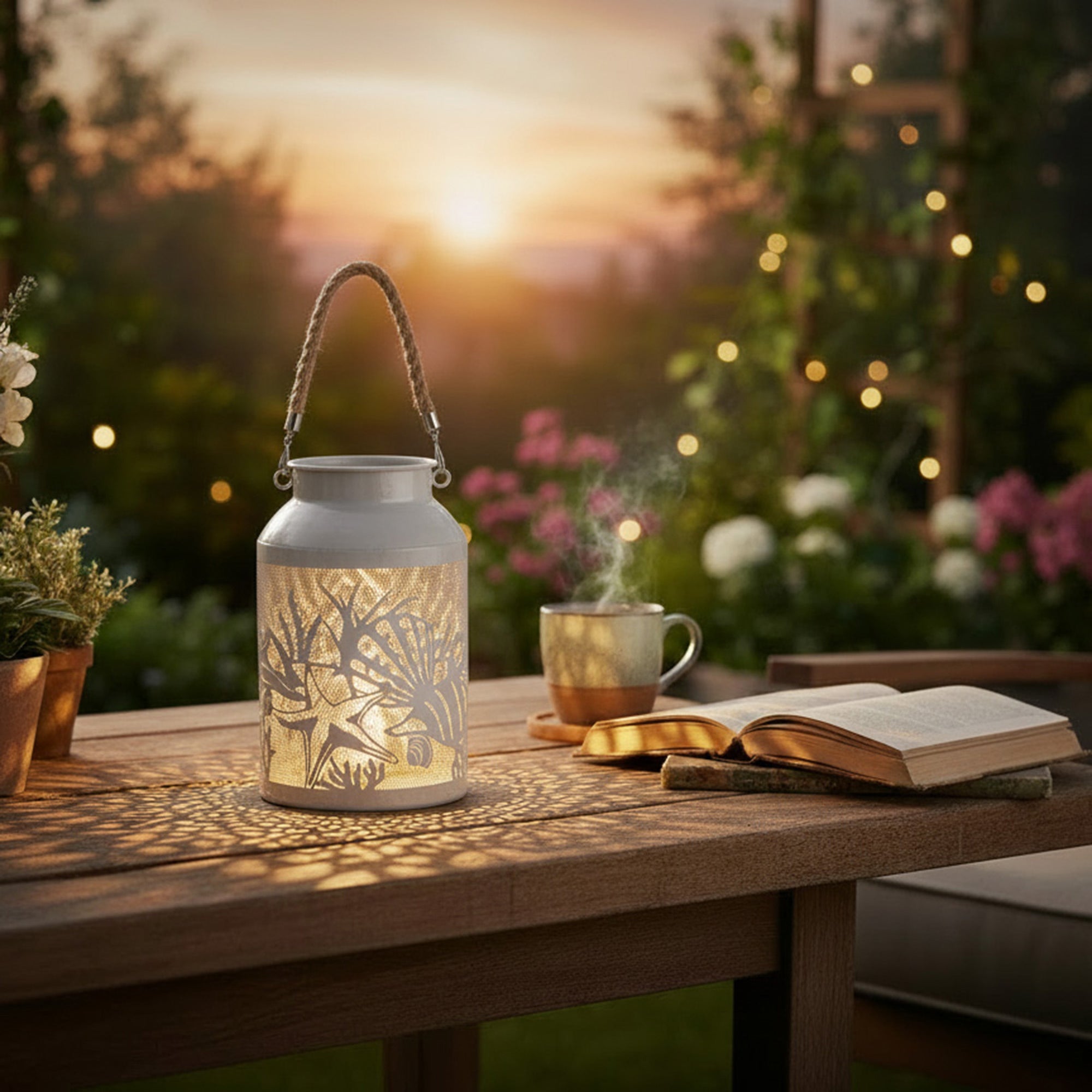 Gray Metal Lantern with Rope Handle Featuring Undersea Design