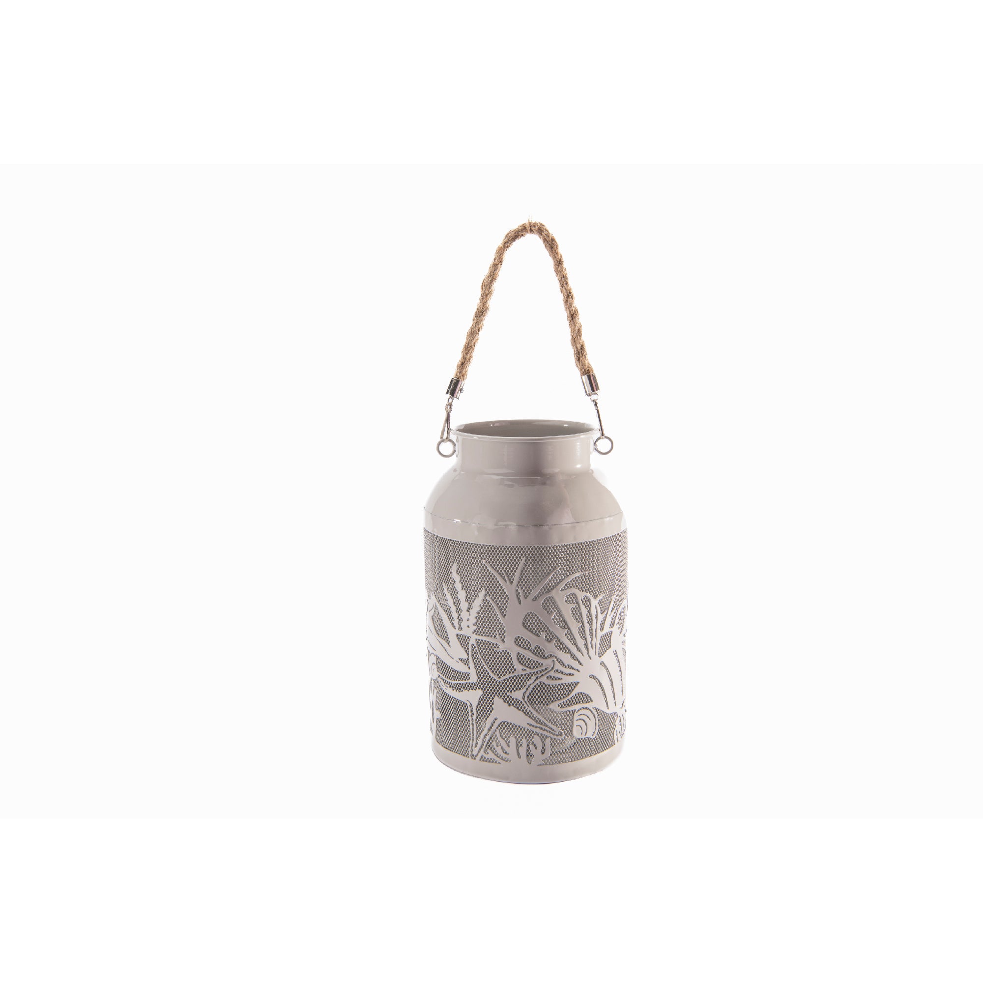 Gray Metal Lantern with Rope Handle Featuring Undersea Design