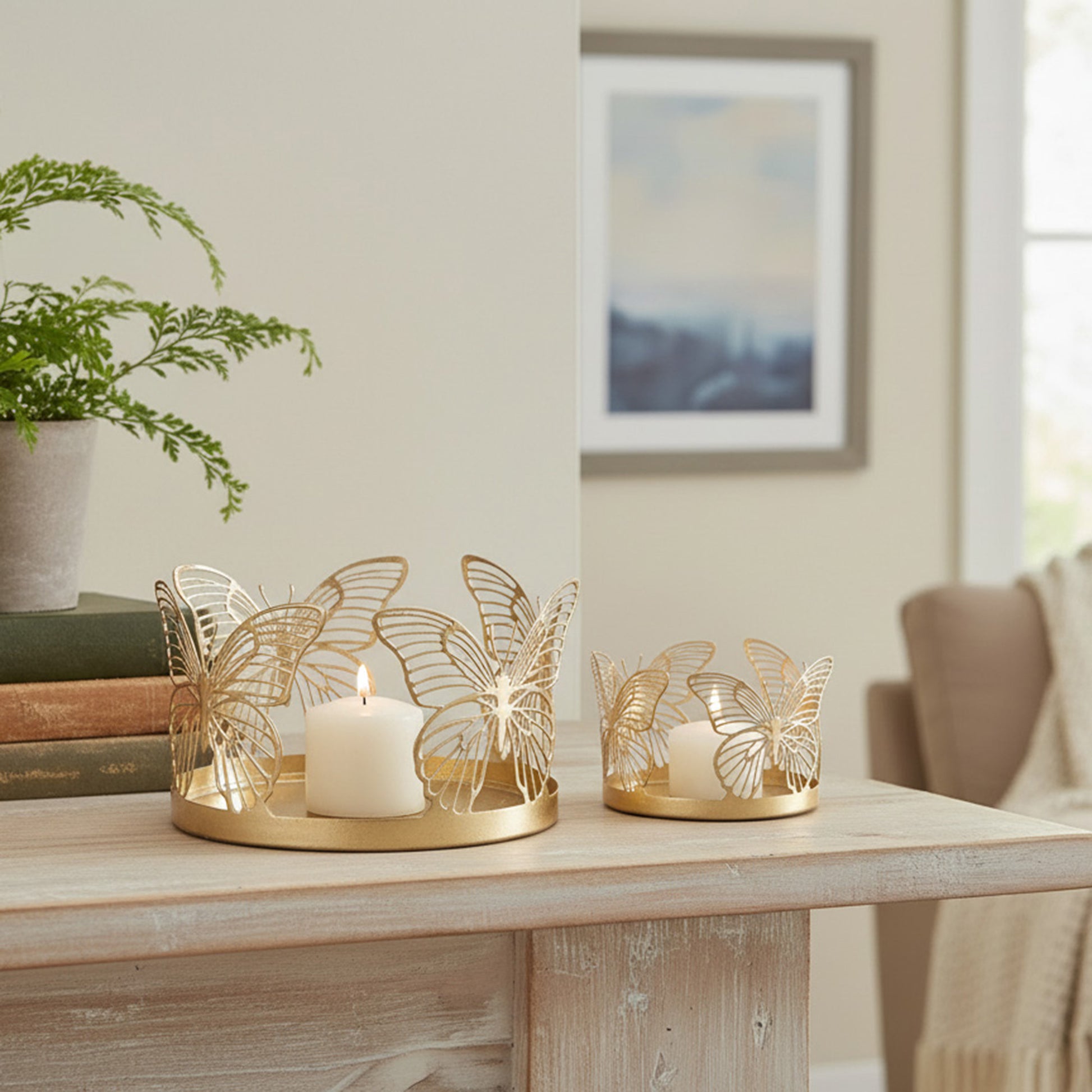 Gold 2-Piece Metal Butterfly Cutout Candle Holder Set