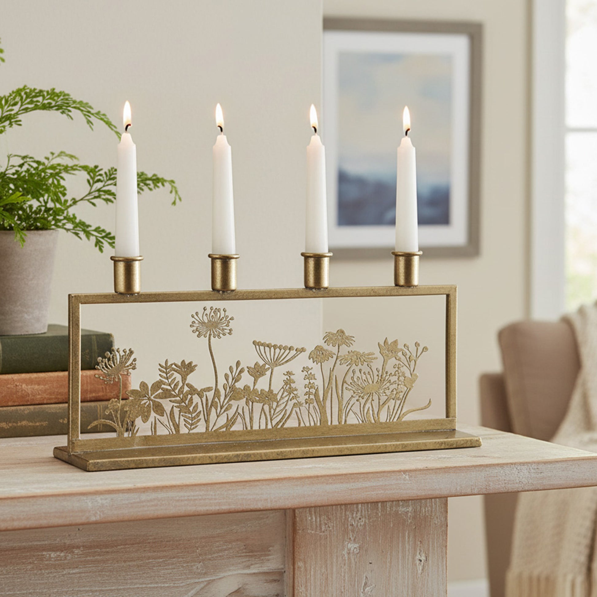 Brass Metal Floral Cutout 4-Candle Holder
