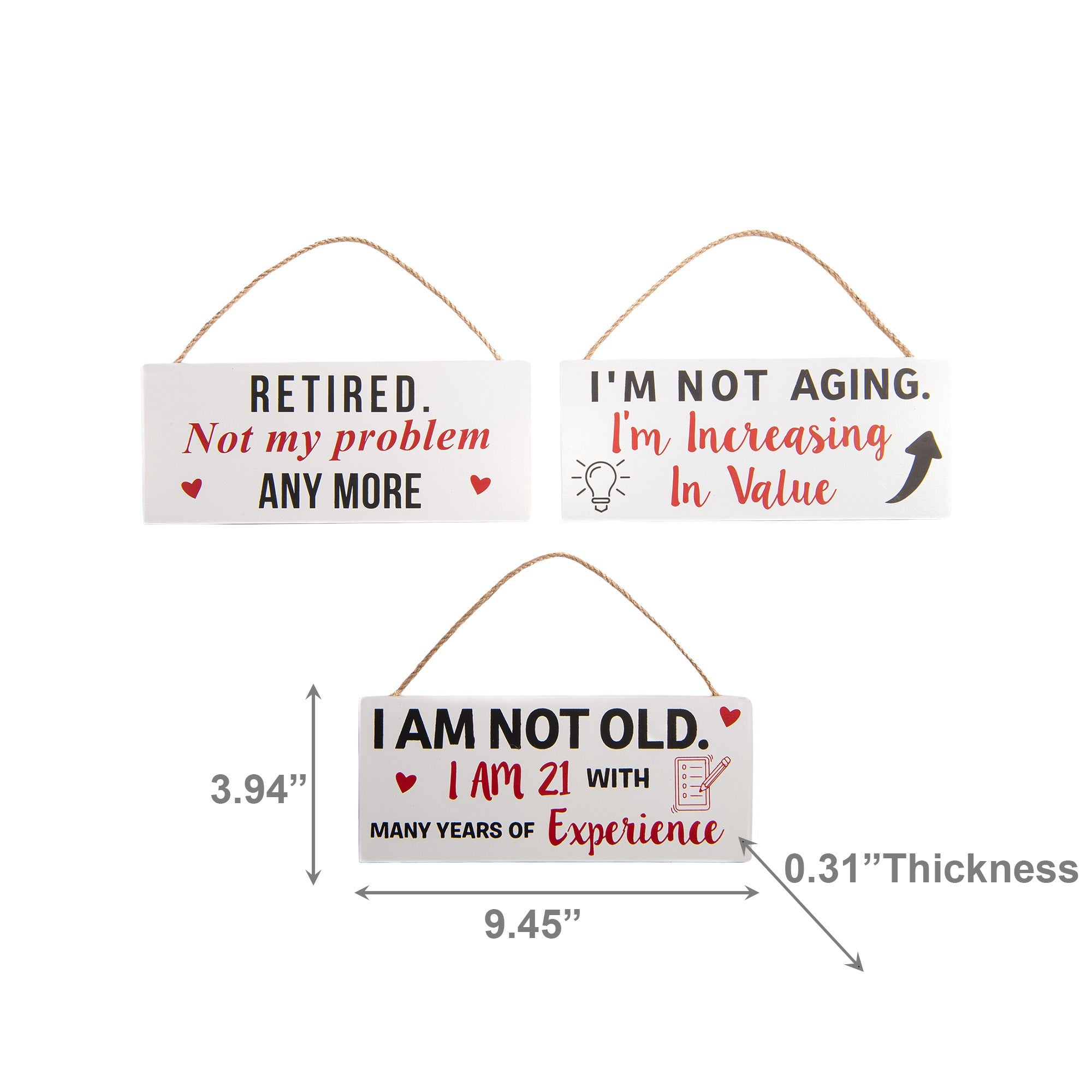 Assorted Hanging Wood Wall Sign with Retirement Joke - Set of 3