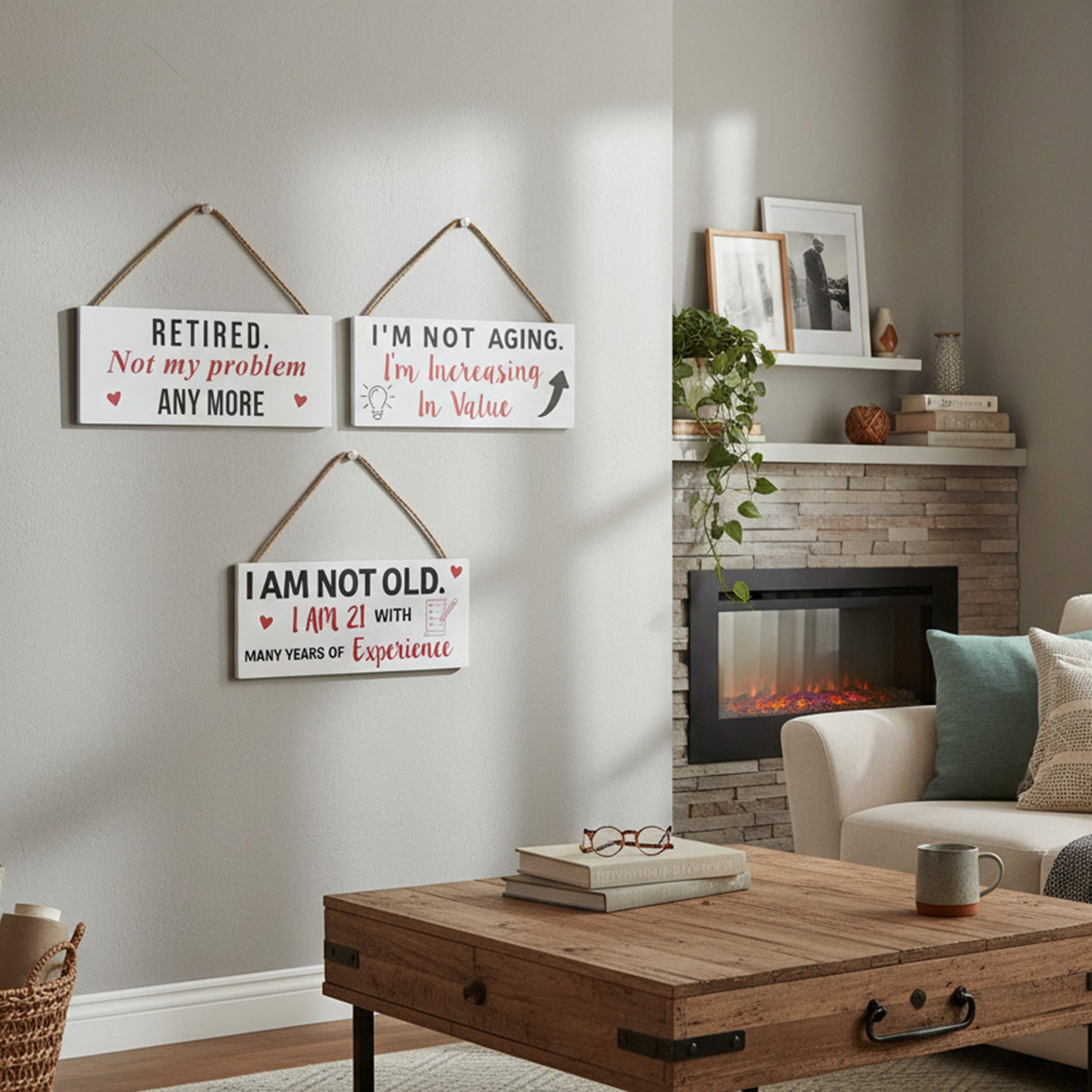 Assorted Hanging Wood Wall Sign with Retirement Joke - Set of 3