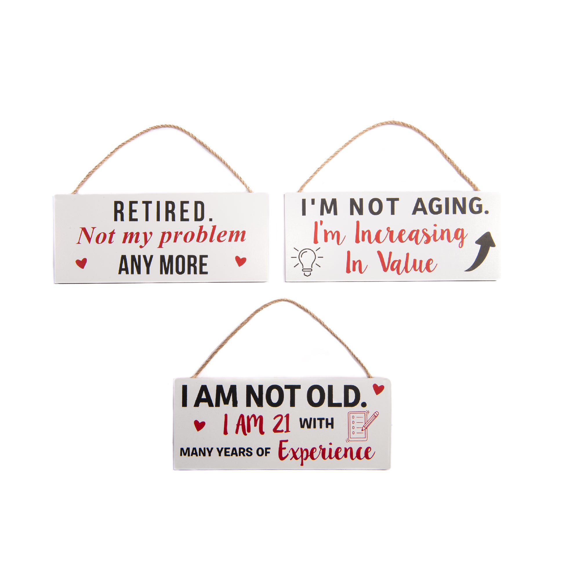 Assorted Hanging Wood Wall Sign with Retirement Joke - Set of 3