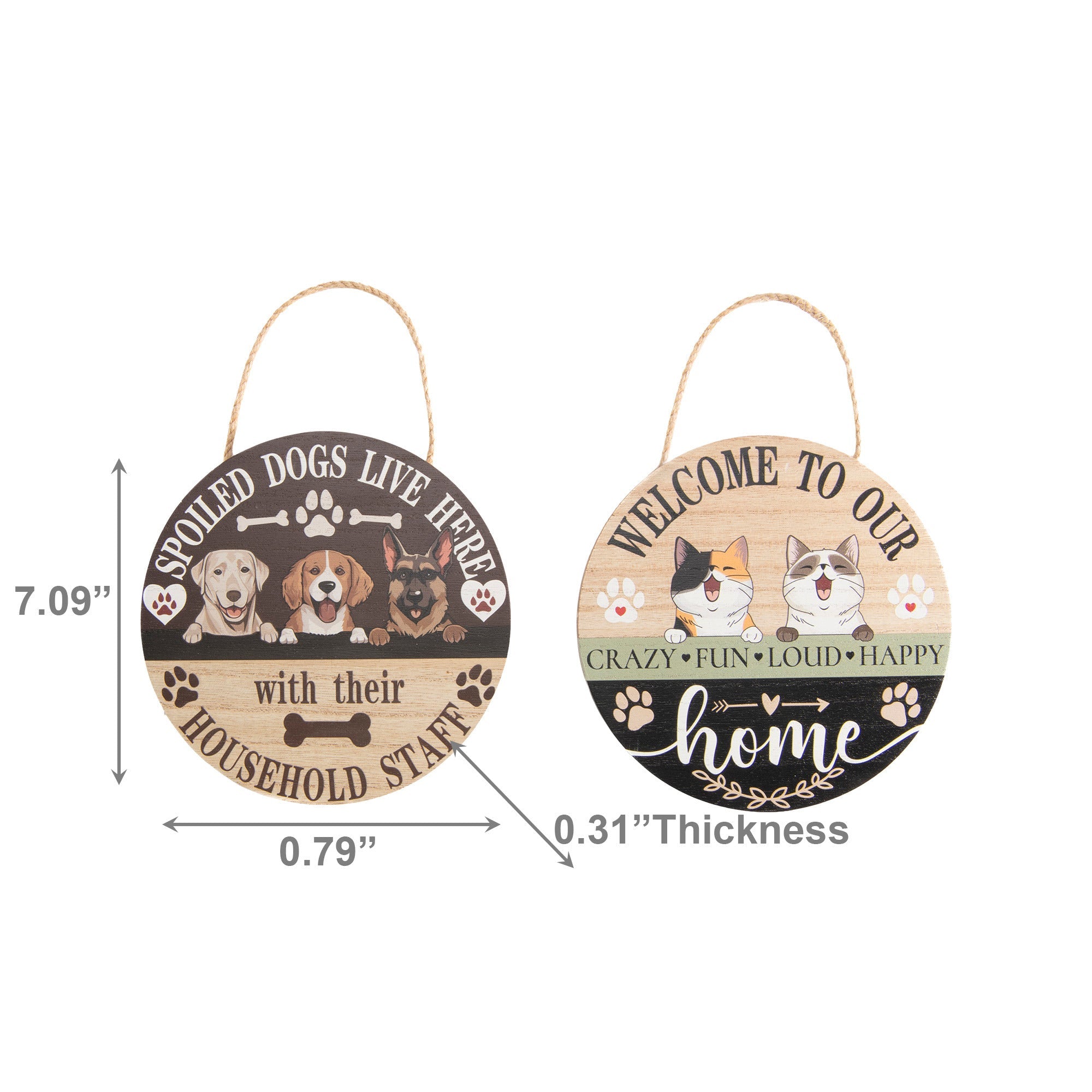 Assorted Round Hanging Wood Wall Sign with Dog and Cat - Set of 2