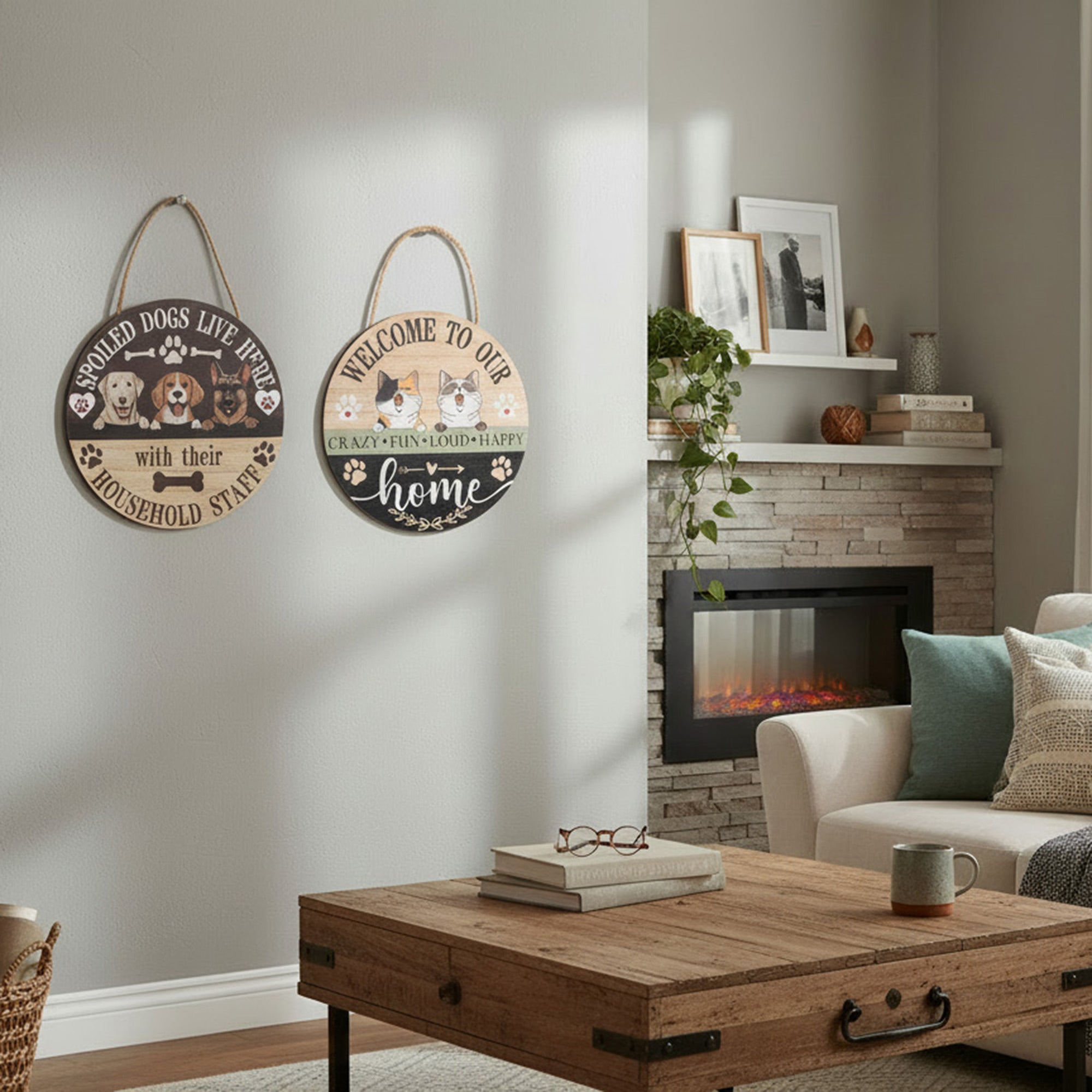 Assorted Round Hanging Wood Wall Sign with Dog and Cat - Set of 2