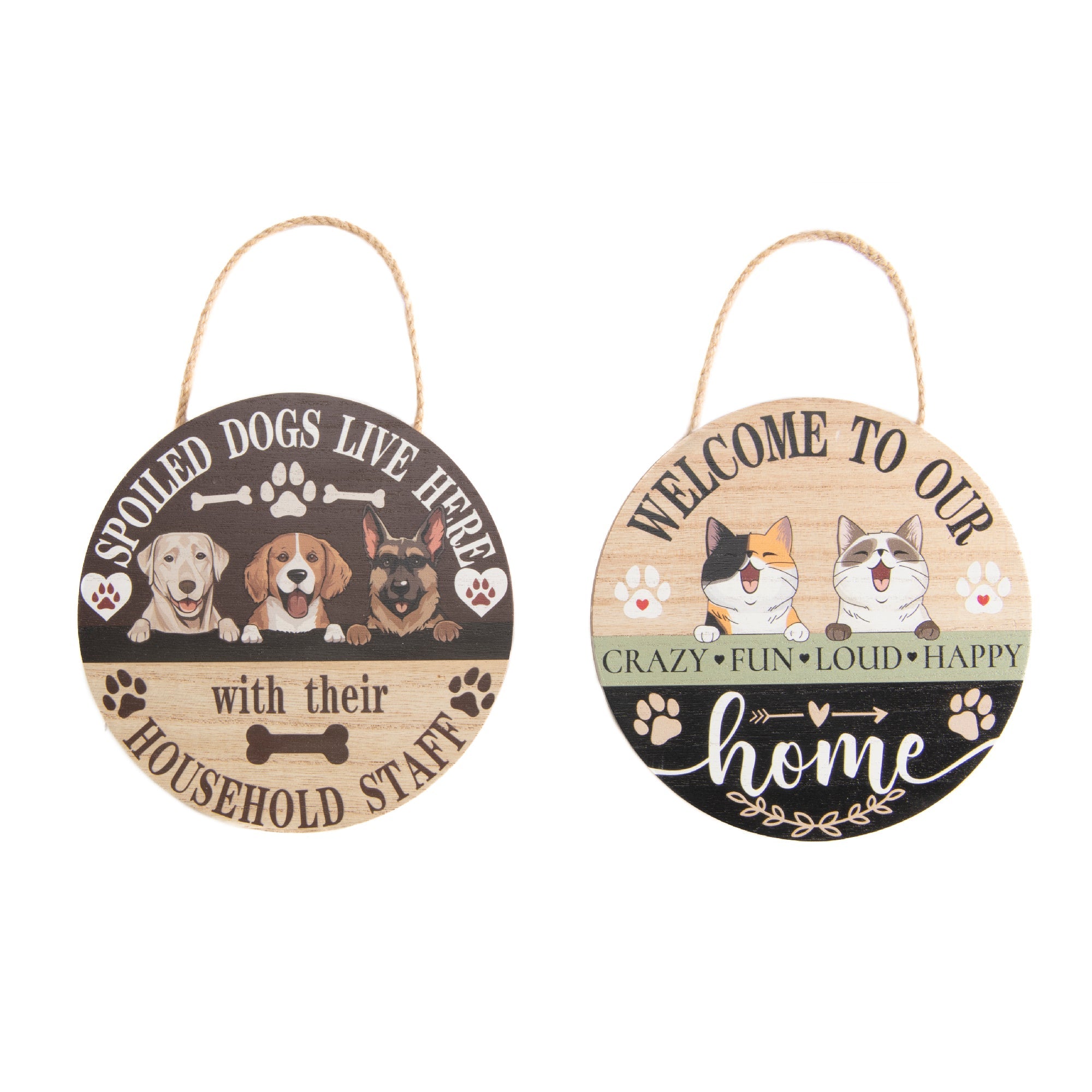 Assorted Round Hanging Wood Wall Sign with Dog and Cat - Set of 2