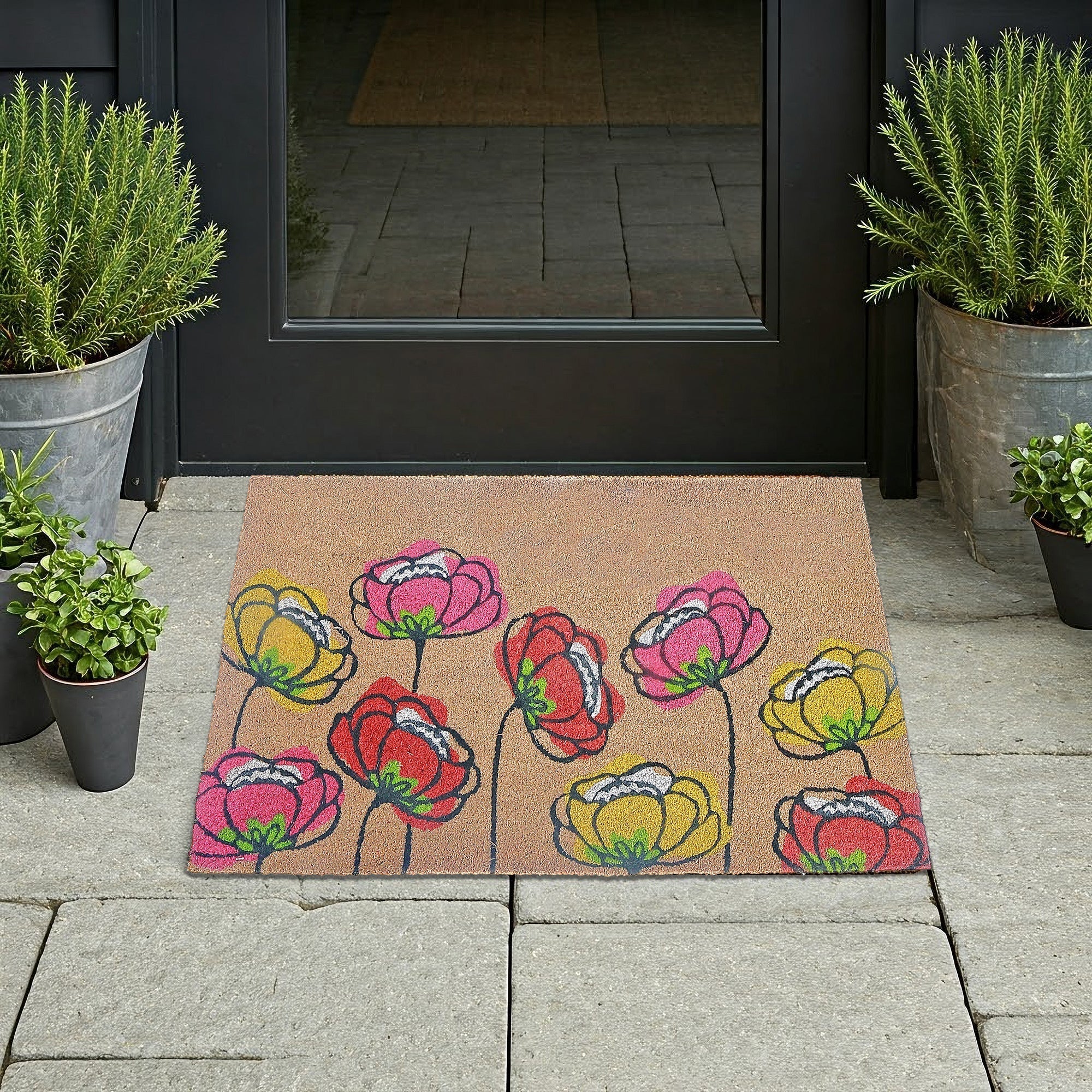 Coir Door Mat Spring Flowers, Spring Flowers Welcome Mat, Floral Coir Entryway Rug, Natural Fiber Porch Decor, Seasonal Outdoor Mat