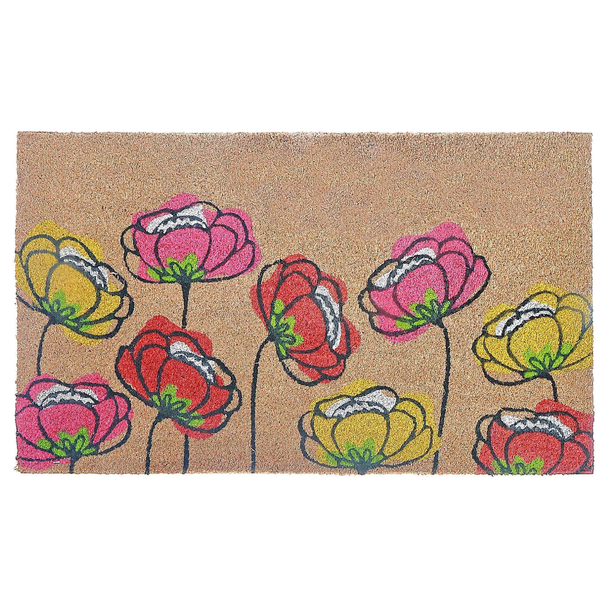 Coir Door Mat Spring Flowers, Spring Flowers Welcome Mat, Floral Coir Entryway Rug, Natural Fiber Porch Decor, Seasonal Outdoor Mat