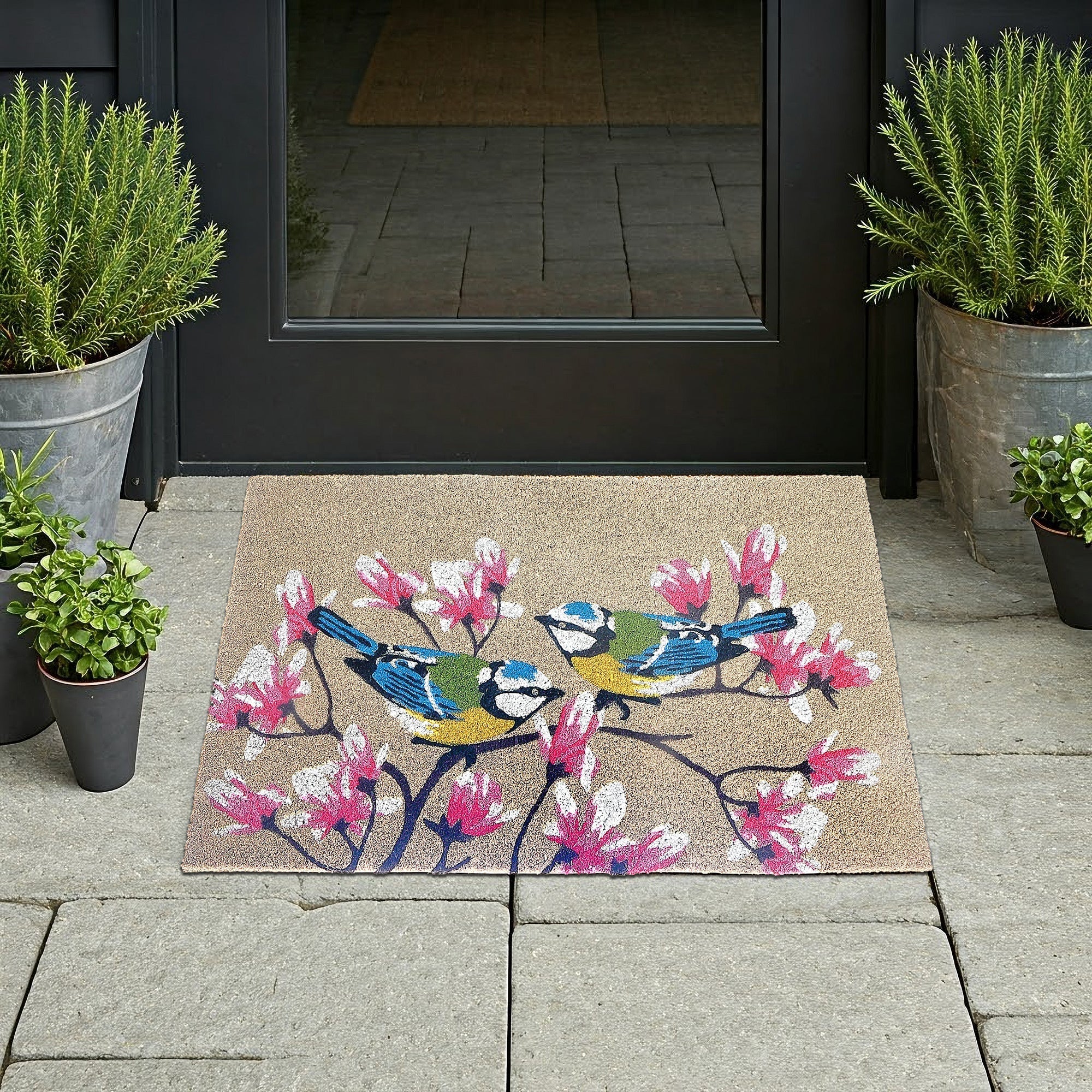 Coir Door Mat Birds In Cherry Blossom, Birds And Cherry Blossom Coir Mat, Floral Welcome Entry Rug, Natural Fiber Porch Decor, Spring Door Mat