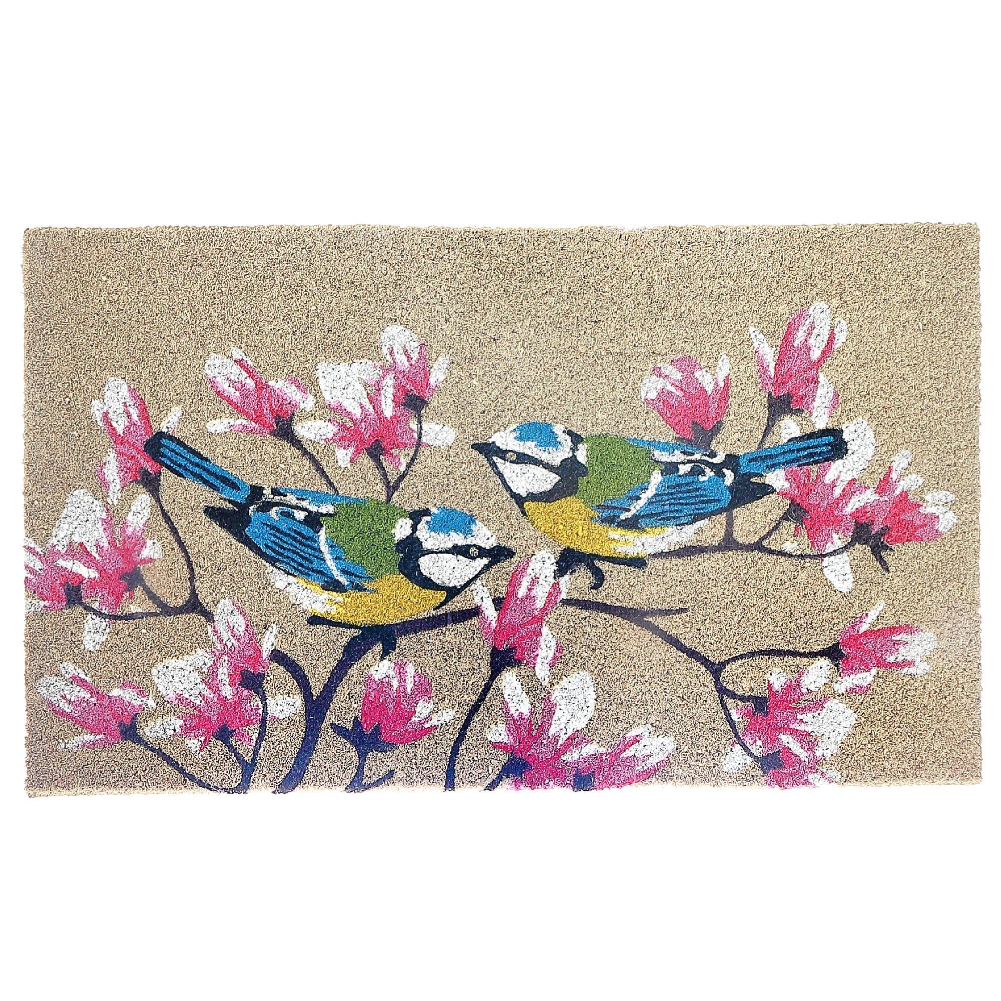 Coir Door Mat Birds In Cherry Blossom, Birds And Cherry Blossom Coir Mat, Floral Welcome Entry Rug, Natural Fiber Porch Decor, Spring Door Mat