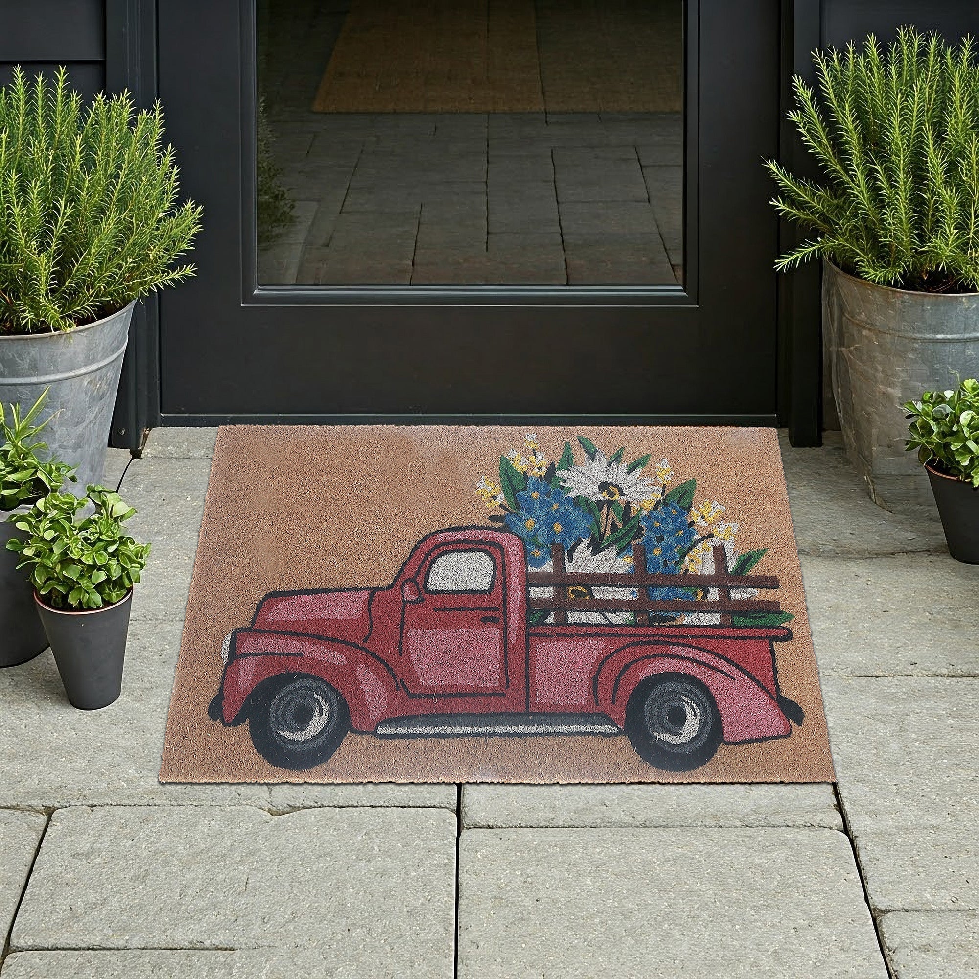 Coir Door Mat Red Flower Truck, Red Flower Truck Welcome Mat, Farmhouse Coir Door Rug, Rustic Entryway Decor, Outdoor Porch Mat