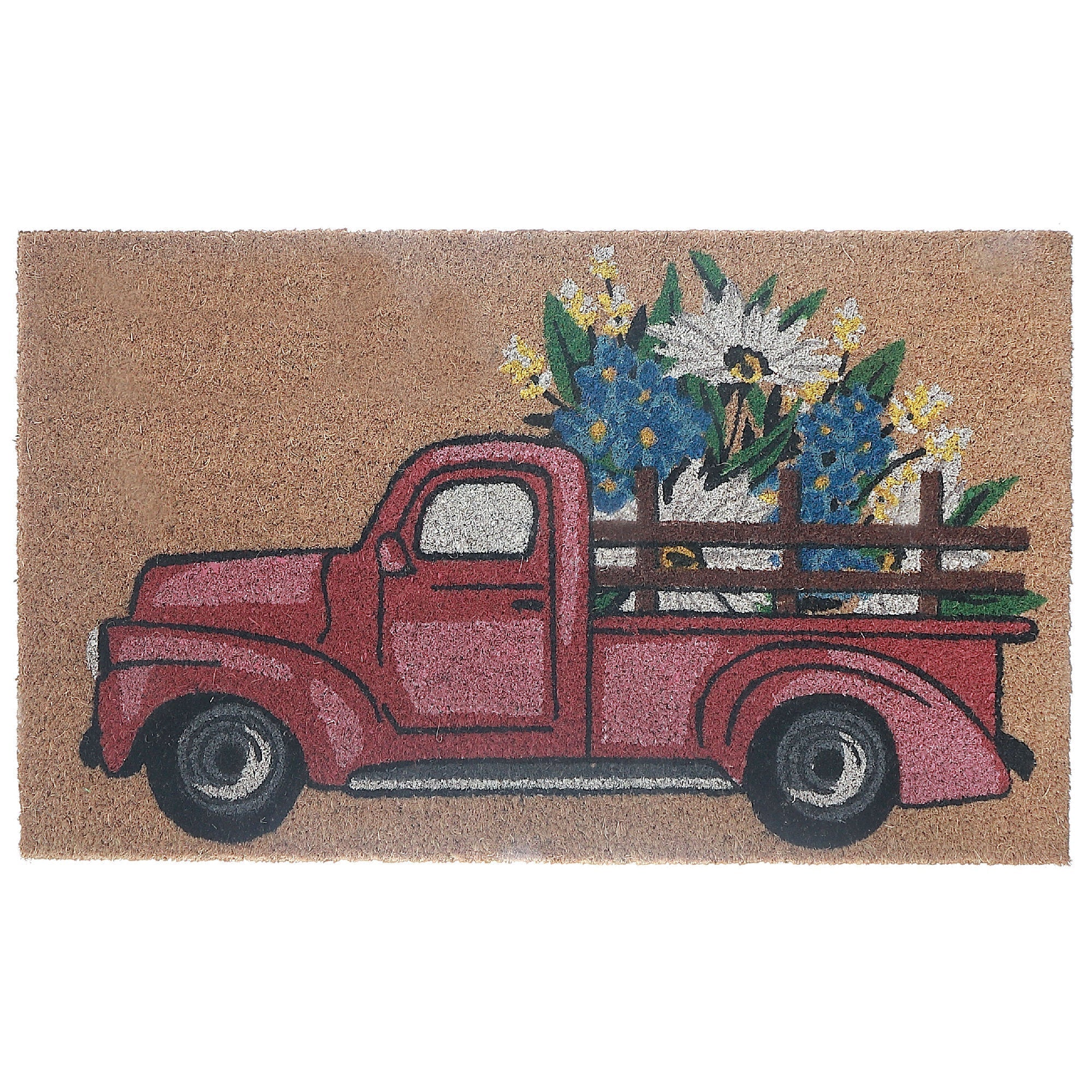 Coir Door Mat Red Flower Truck, Red Flower Truck Welcome Mat, Farmhouse Coir Door Rug, Rustic Entryway Decor, Outdoor Porch Mat