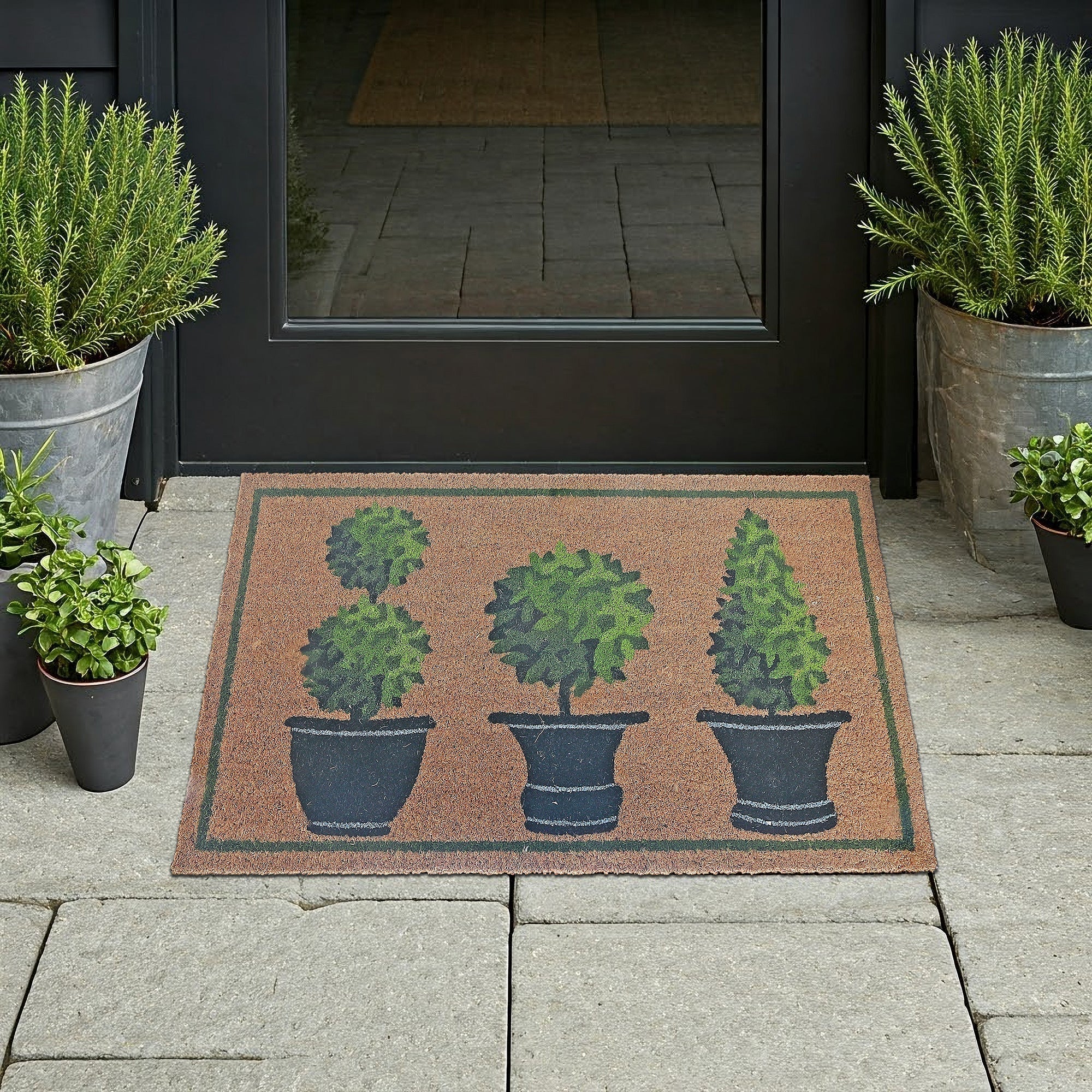 Coir Door Mat Topiaries In Pots, Topiary In Pots Welcome Mat, Garden Themed Coir Door Rug, Natural Fiber Entryway Decor, Porch Accent