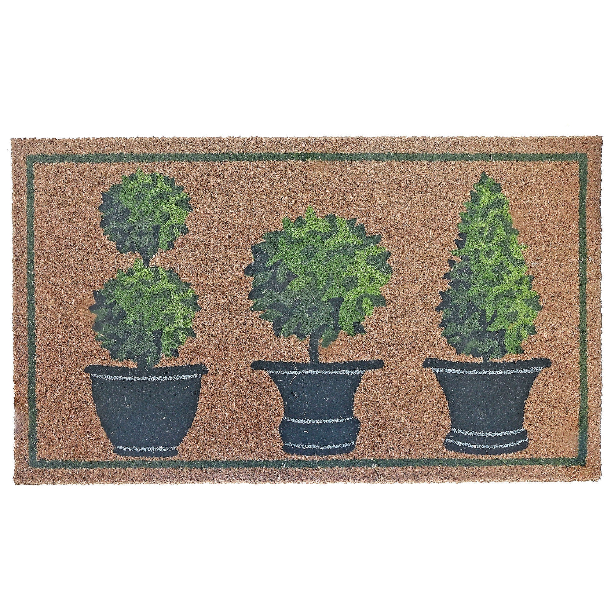 Coir Door Mat Topiaries In Pots, Topiary In Pots Welcome Mat, Garden Themed Coir Door Rug, Natural Fiber Entryway Decor, Porch Accent