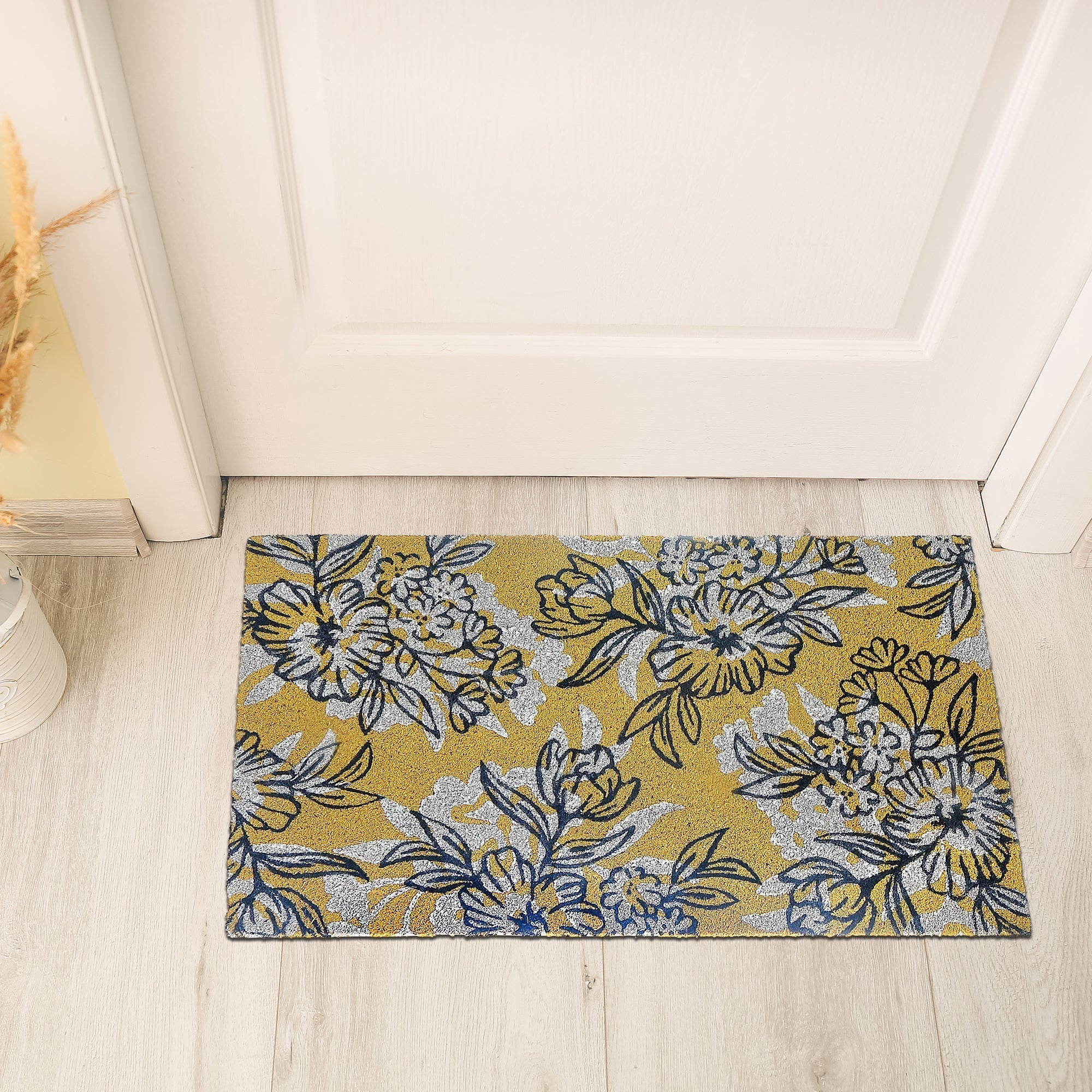 Coir Door Mat Floral Yellow Pattern, Yellow Floral Coir Door Mat, Bright Botanical Entry Rug, Natural Fiber Porch Decor, Outdoor Welcome Mat