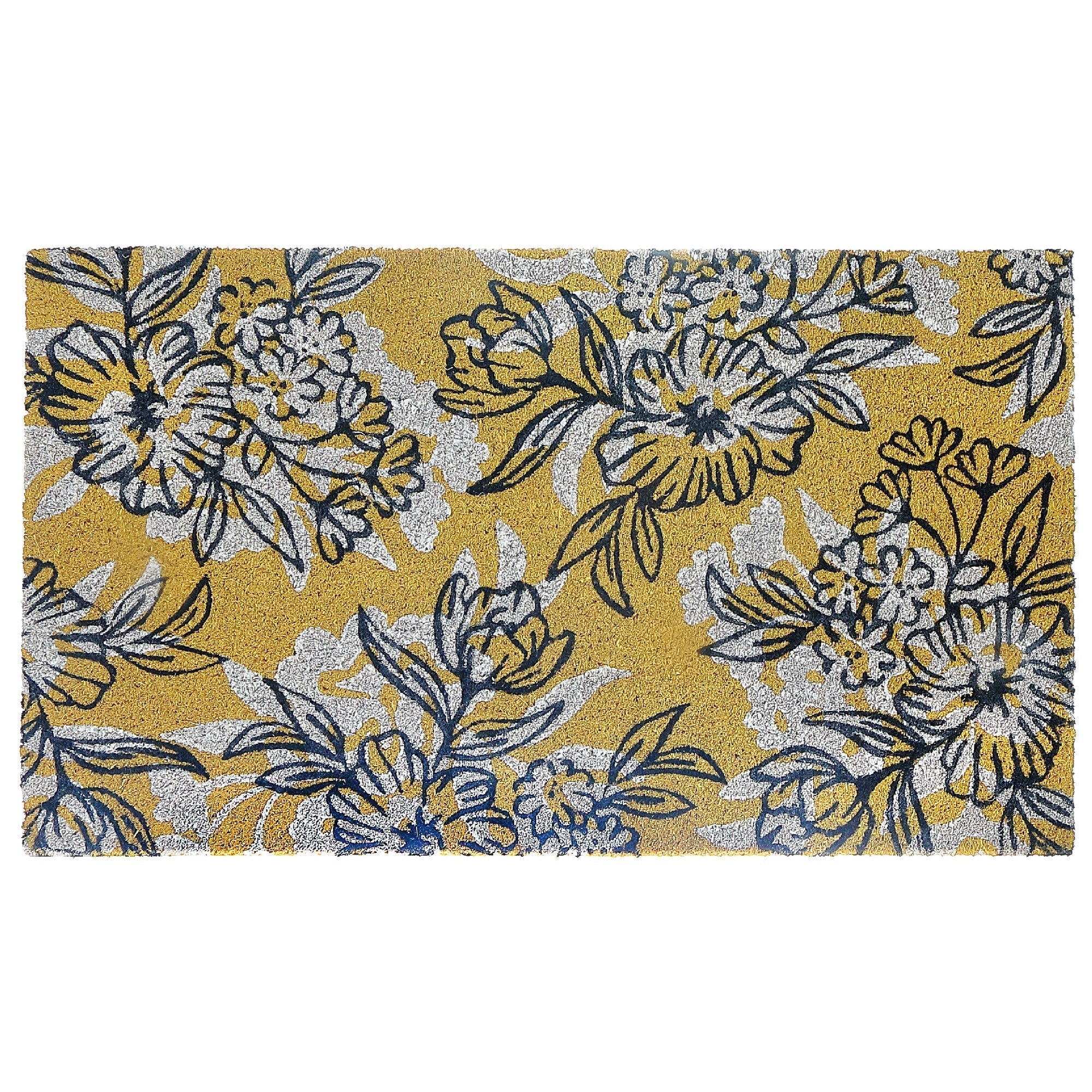Coir Door Mat Floral Yellow Pattern, Yellow Floral Coir Door Mat, Bright Botanical Entry Rug, Natural Fiber Porch Decor, Outdoor Welcome Mat