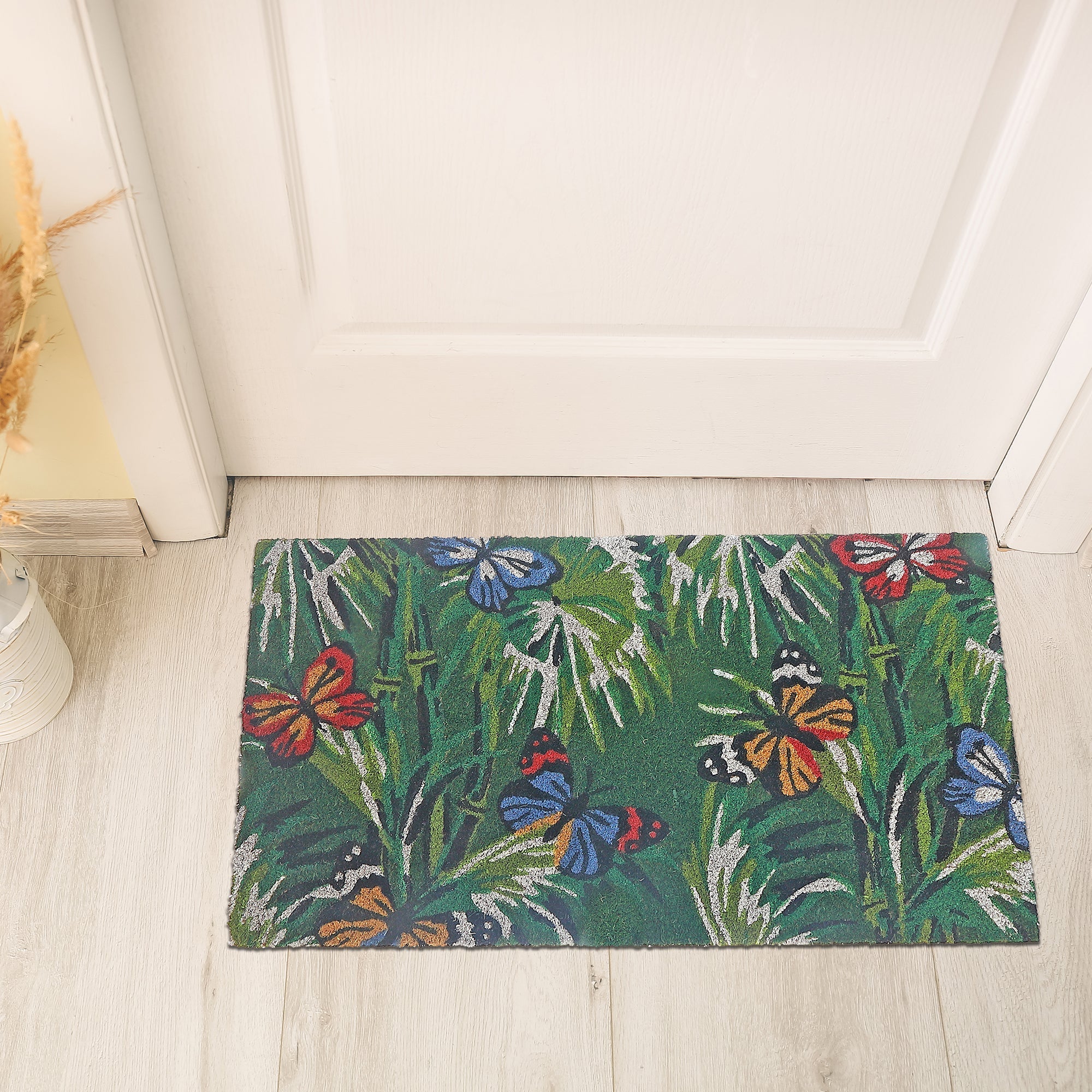 Coir Door Mat Butterfly Floral, Butterfly Floral Welcome Mat, Natural Coir Entry Rug, Garden Themed Porch Decor, Outdoor Door Mat