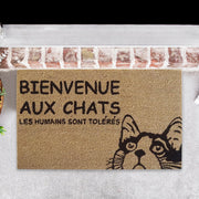 Coir Door Mat Bienvenue Aux Chats, Cat Themed French Welcome Mat, Coir Entryway Rug, Natural Fiber Front Door Decor, Pet Lover Gift