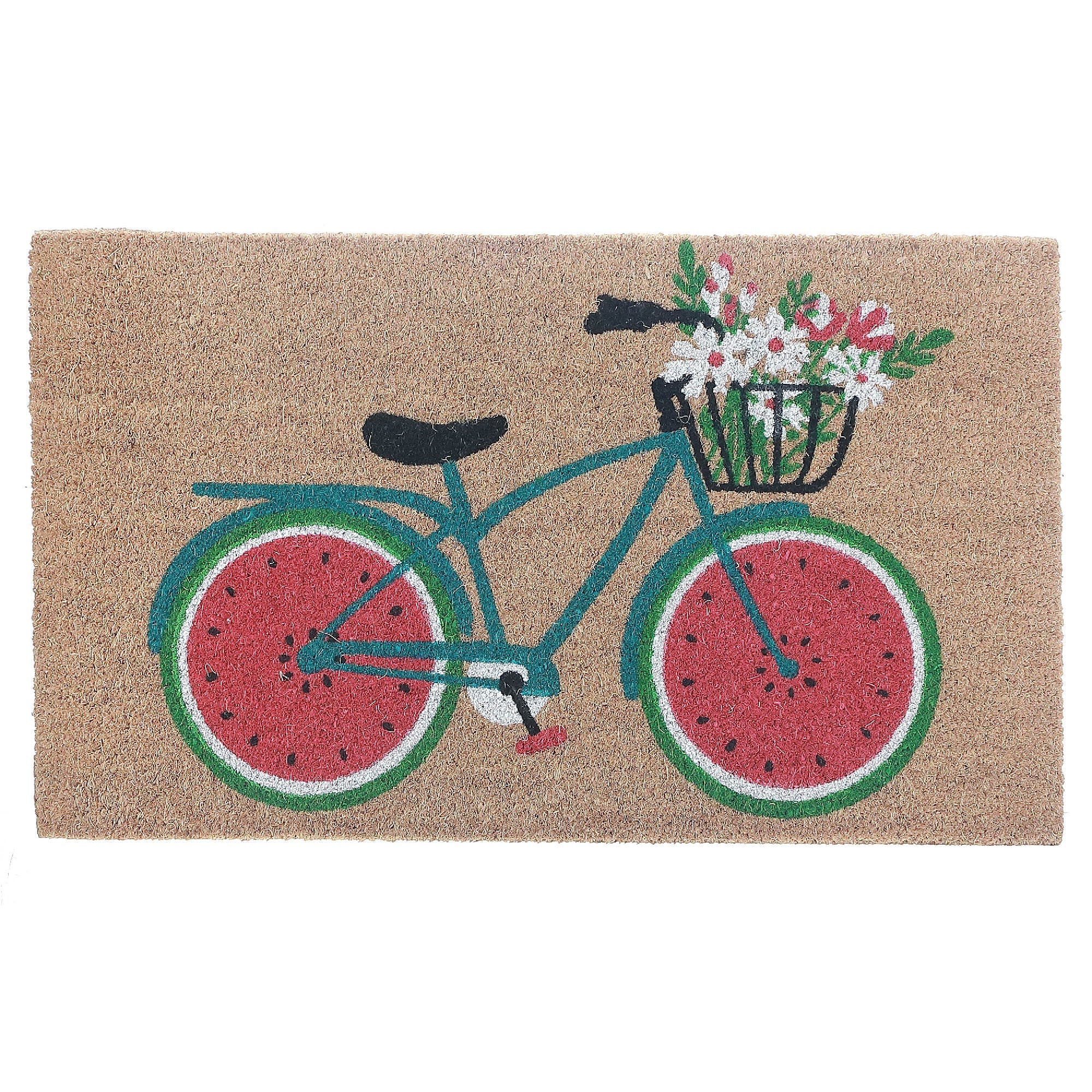 Coir Door Mat Bicycle With Flower Design 18 X 30 Inch, Outdoor Welcome Mat, Front Porch Decor