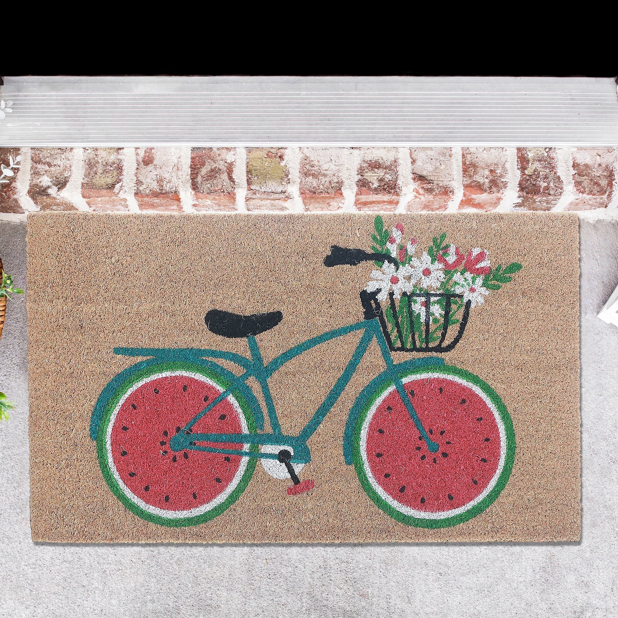 Coir Door Mat Bicycle With Flower Design 18 X 30 Inch, Outdoor Welcome Mat, Front Porch Decor