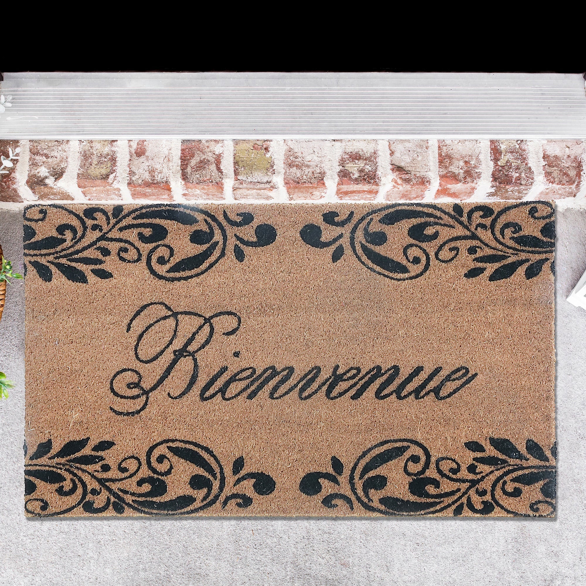 Coir Door Mat Bienvenue Scroll 18 X 30 Inch, Outdoor Welcome Mat, Front Porch Decor