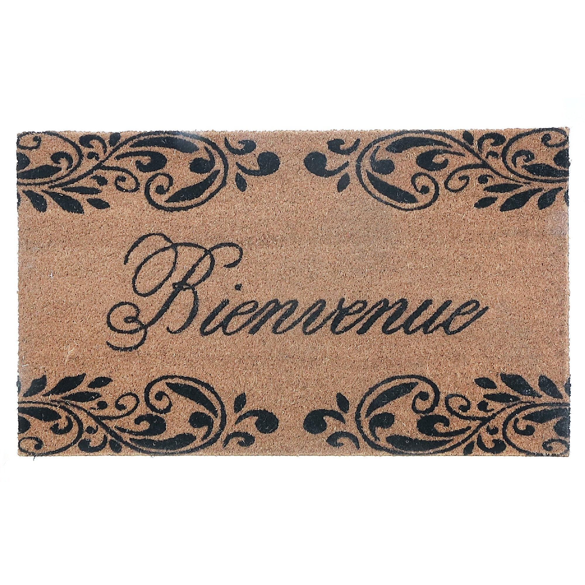 Coir Door Mat Bienvenue Scroll 18 X 30 Inch, Outdoor Welcome Mat, Front Porch Decor