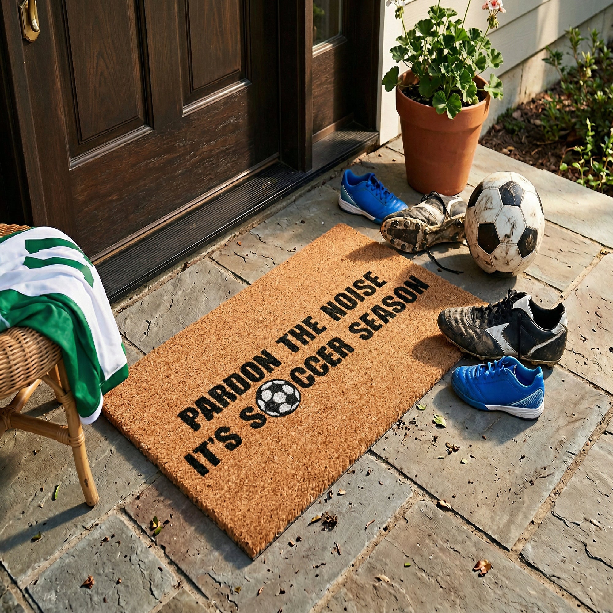 Coir Door Mat "Pardon The Noise, It’s Soccer Season"