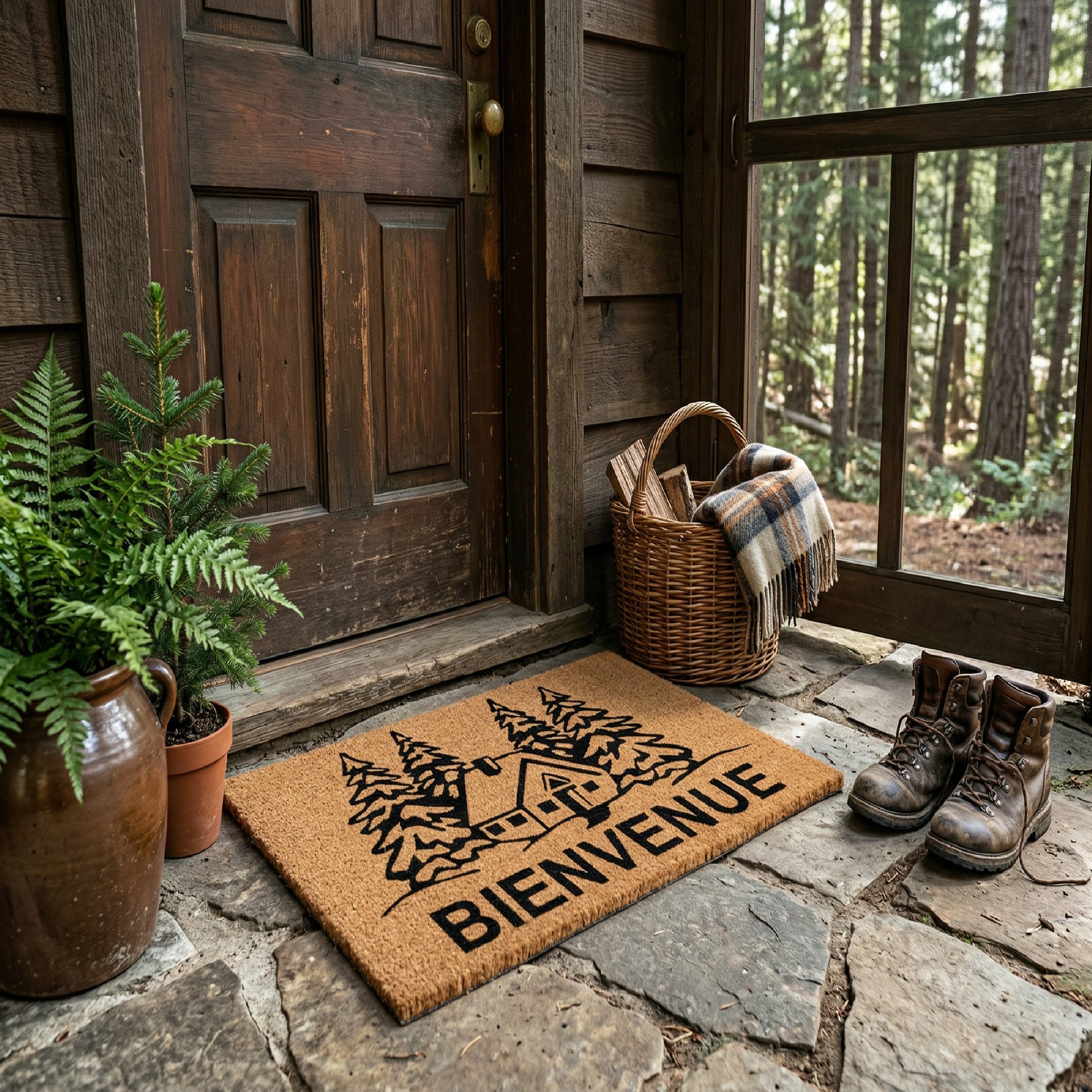 Coir Door Mat "Bienvenue" House In The Woods Theme