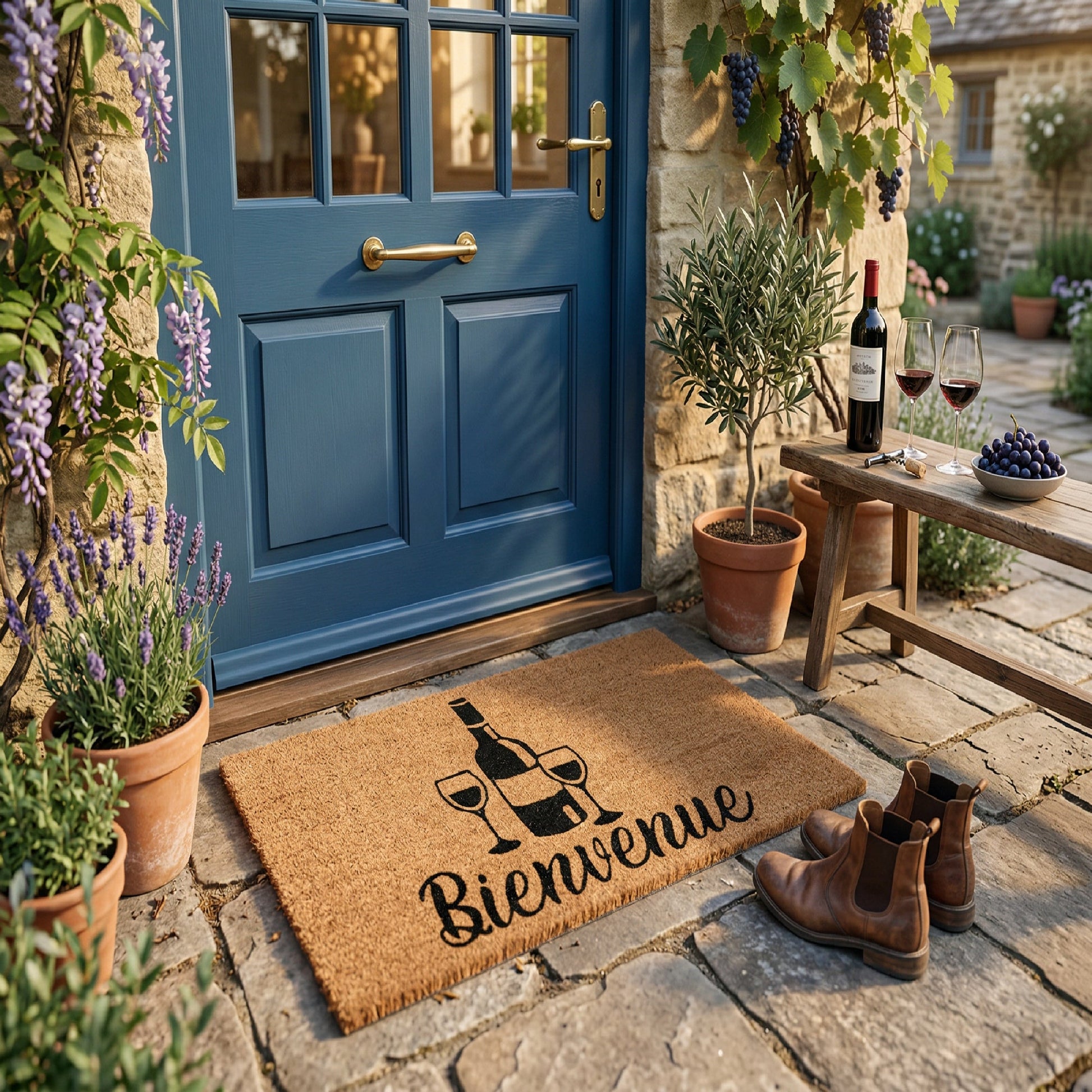 Coir Door Mat "Bienvenue" Wine Motif